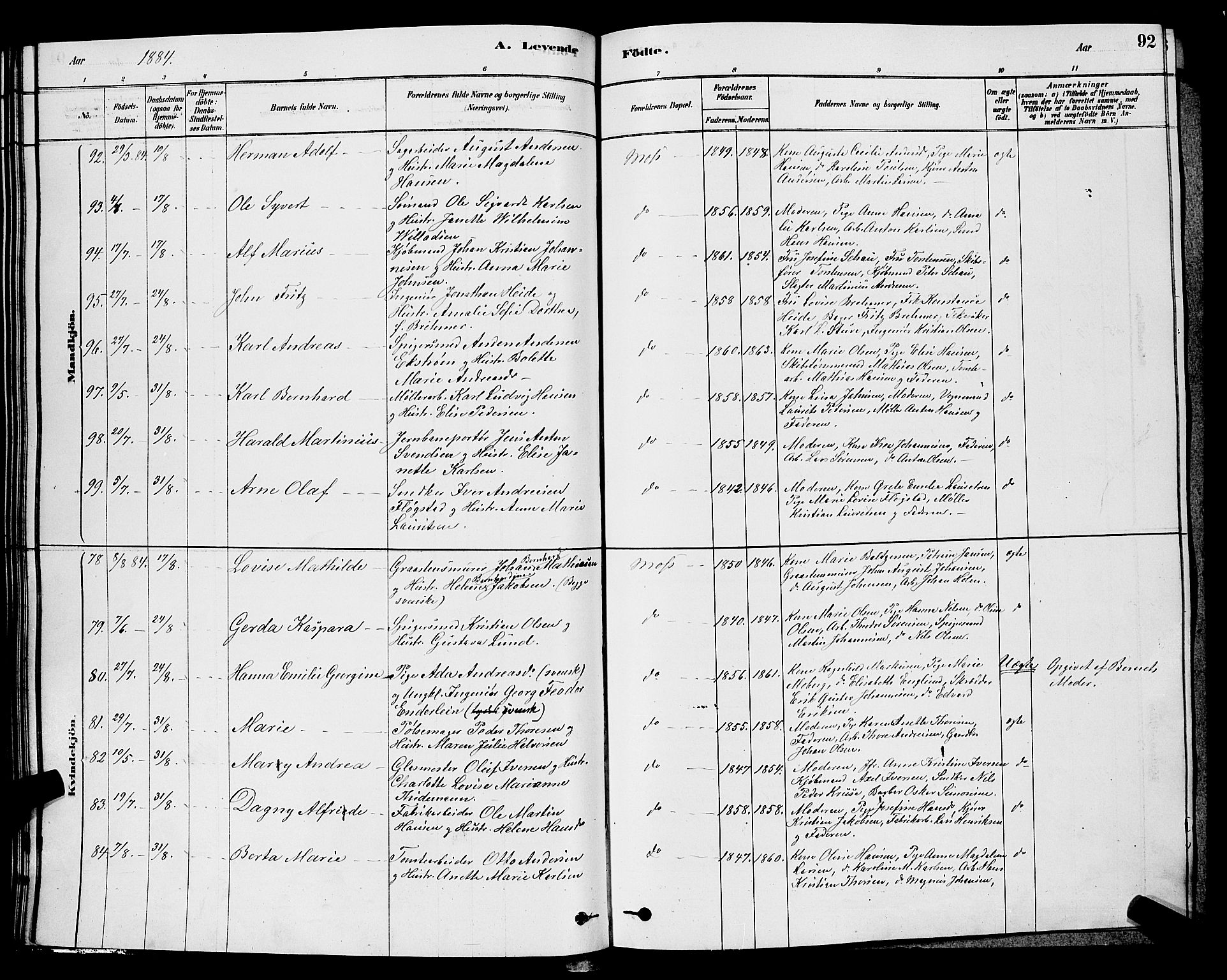 Moss prestekontor Kirkebøker, AV/SAO-A-2003/G/Ga/L0005: Klokkerbok nr. I 5, 1878-1888, s. 92