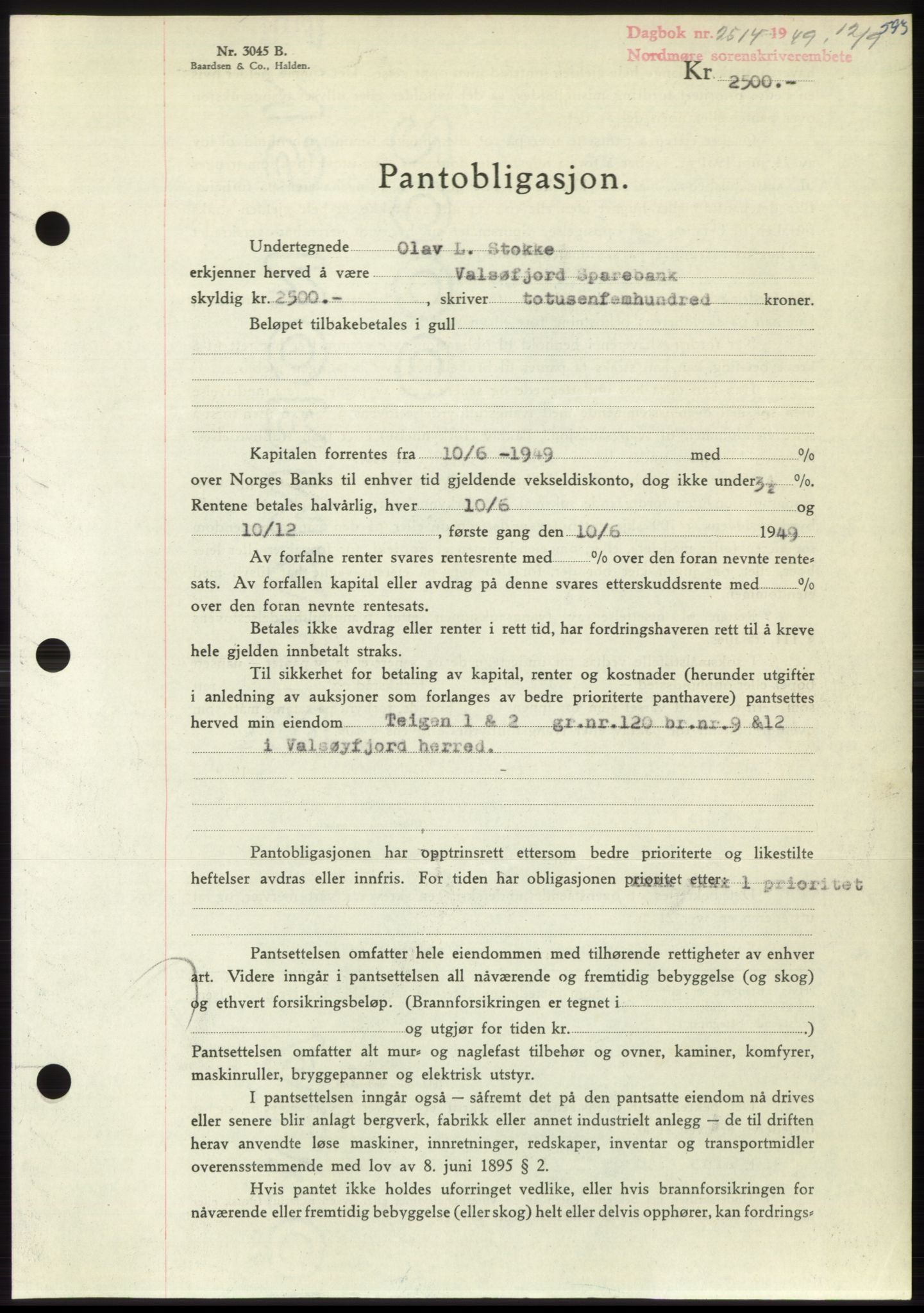 Nordmøre sorenskriveri, SAT/A-4132/1/2/2Ca: Pantebok nr. B102, 1949-1949, Dagboknr: 2514/1949