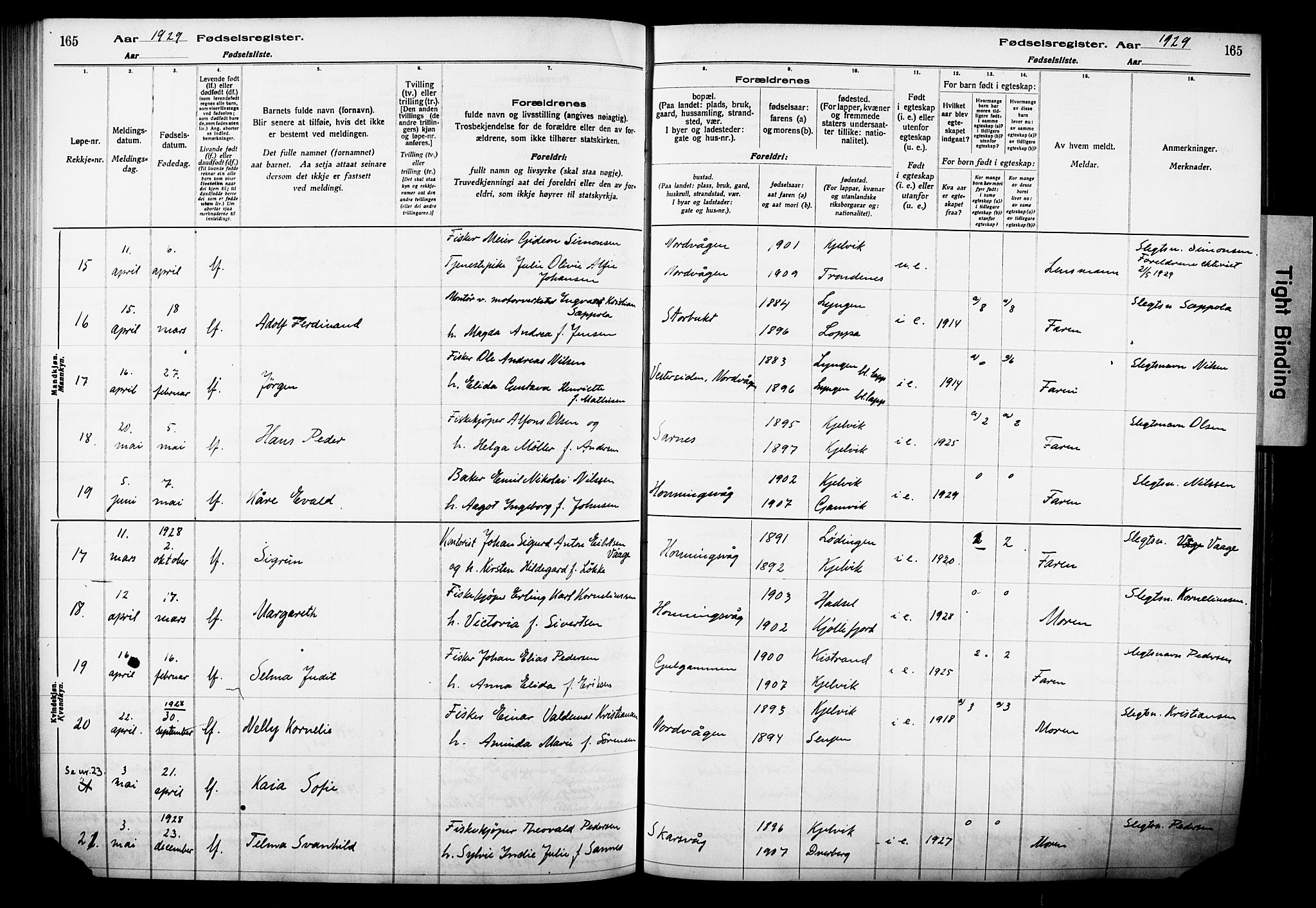 Kjelvik/Nordkapp sokneprestkontor, AV/SATØ-S-1350/I/Ia/L0015: Fødselsregister nr. 15, 1916-1930, s. 165