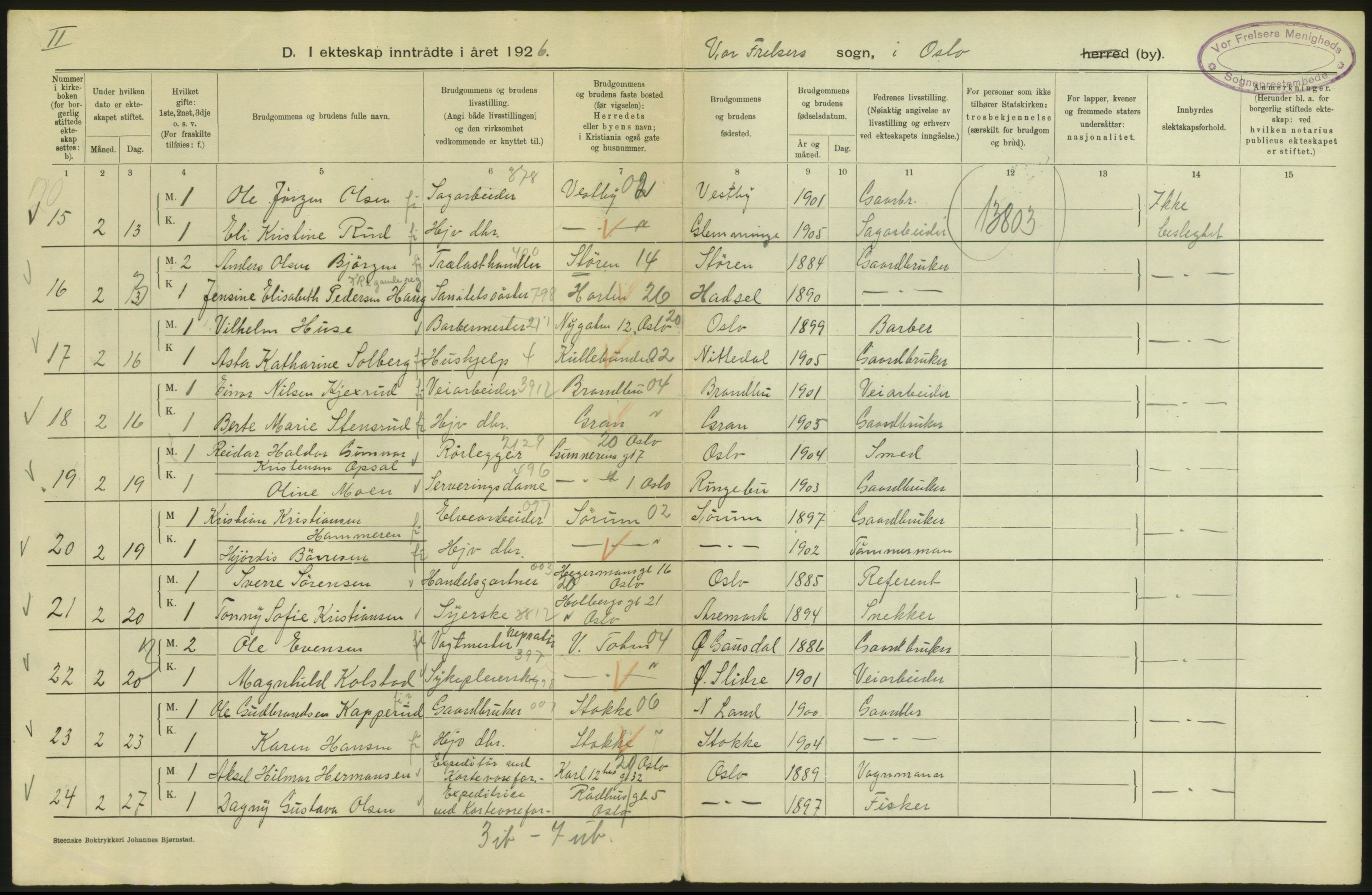 Statistisk sentralbyrå, Sosiodemografiske emner, Befolkning, AV/RA-S-2228/D/Df/Dfc/Dfcf/L0008: Oslo: Gifte, 1926, s. 62