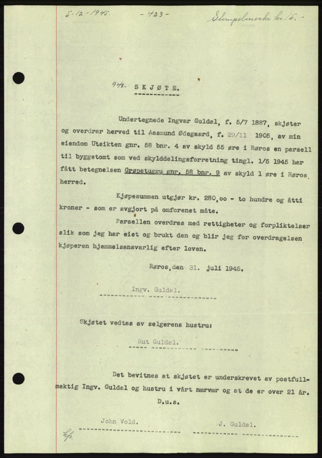 Gauldal sorenskriveri, SAT/A-0014/1/2/2C: Pantebok nr. A1a, 1945-1945, Dagboknr: 948/1945
