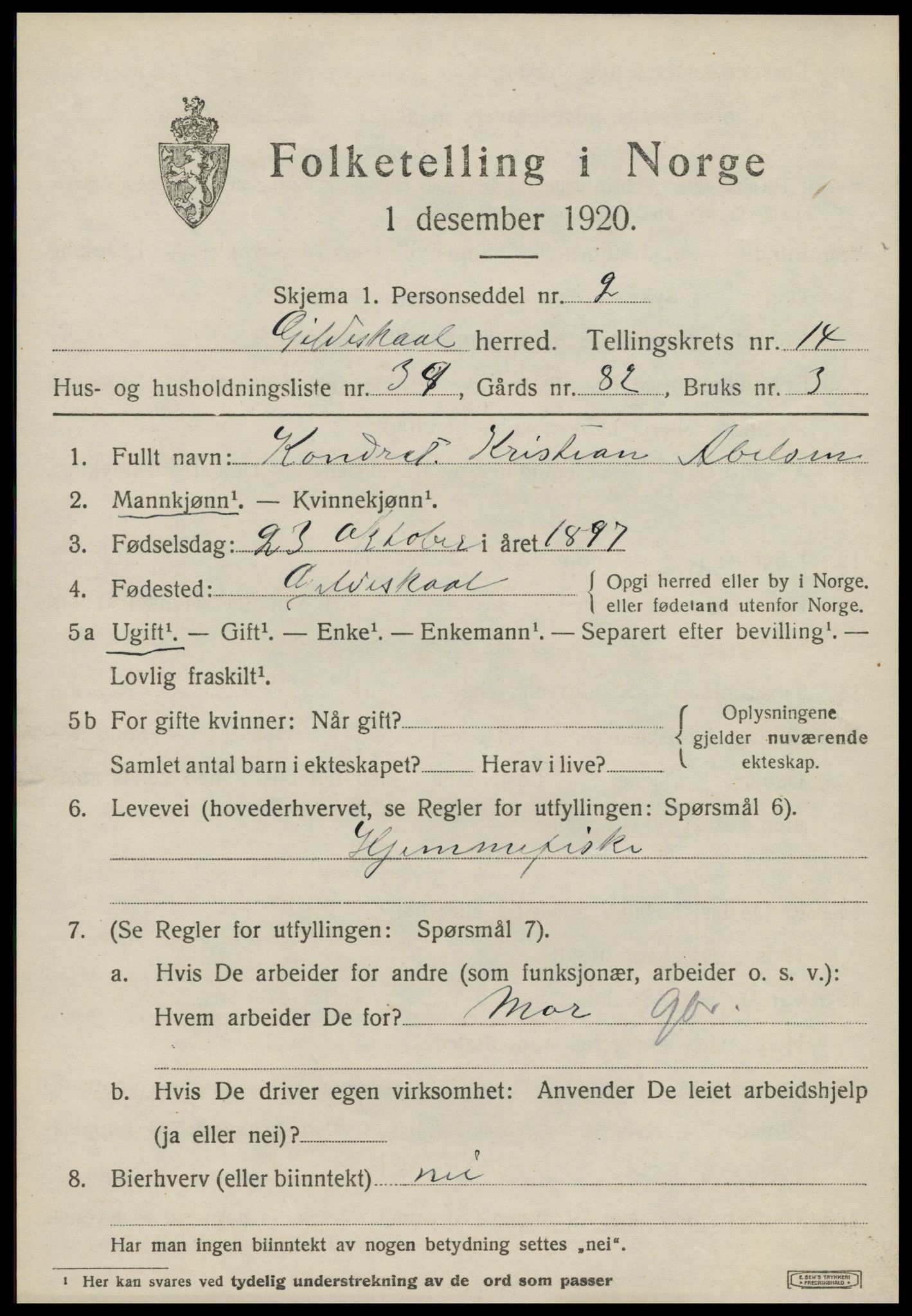 SAT, Folketelling 1920 for 1838 Gildeskål herred, 1920, s. 9400