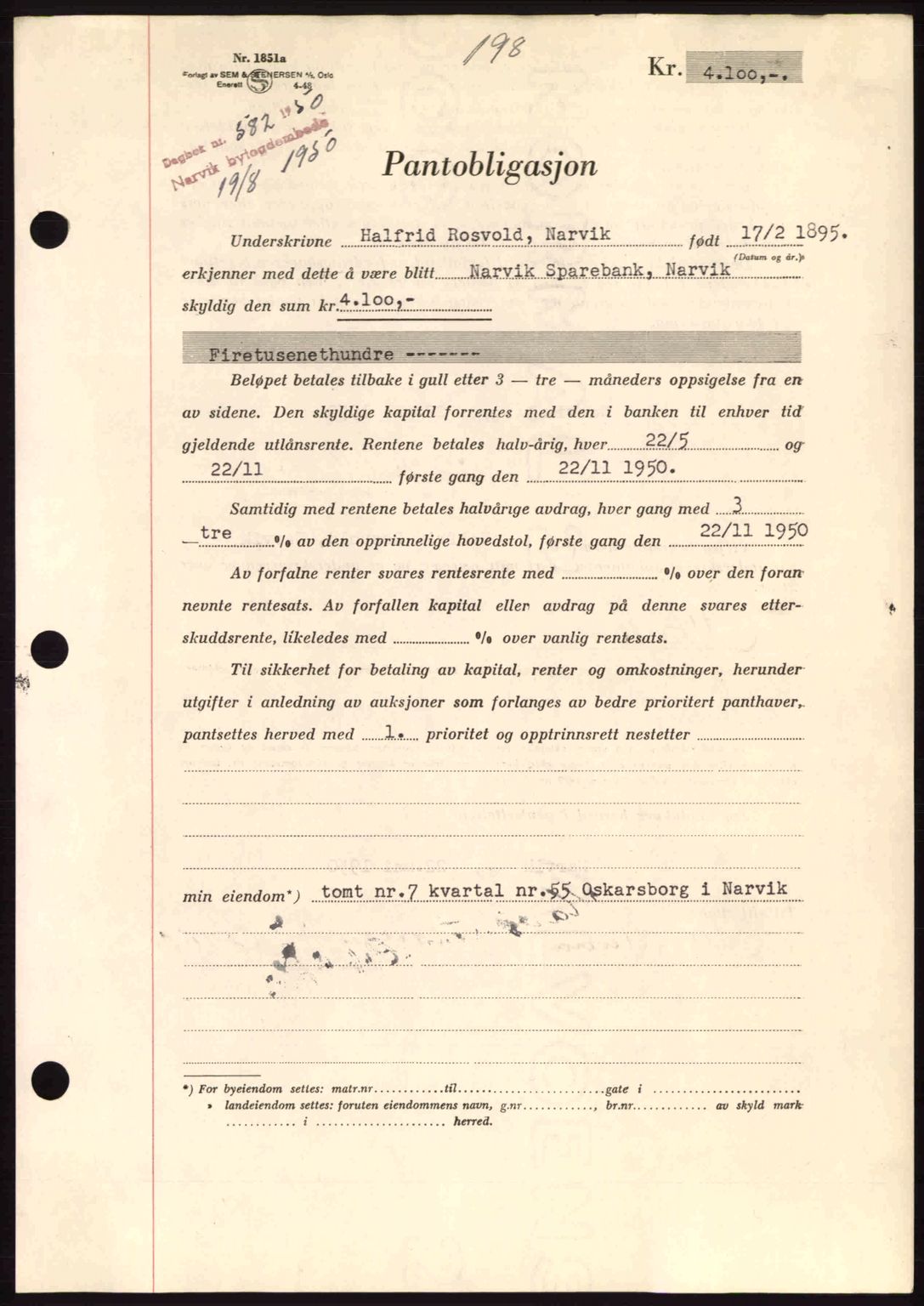 Narvik sorenskriveri, SAT/A-0002/1/2/2C/2Ca: Pantebok nr. A26, 1950-1950, Dagboknr: 582/1950