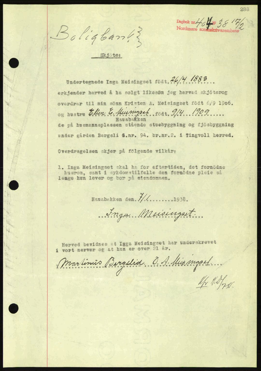 Nordmøre sorenskriveri, SAT/A-4132/1/2/2Ca: Pantebok nr. A83, 1938-1938, Dagboknr: 404/1938