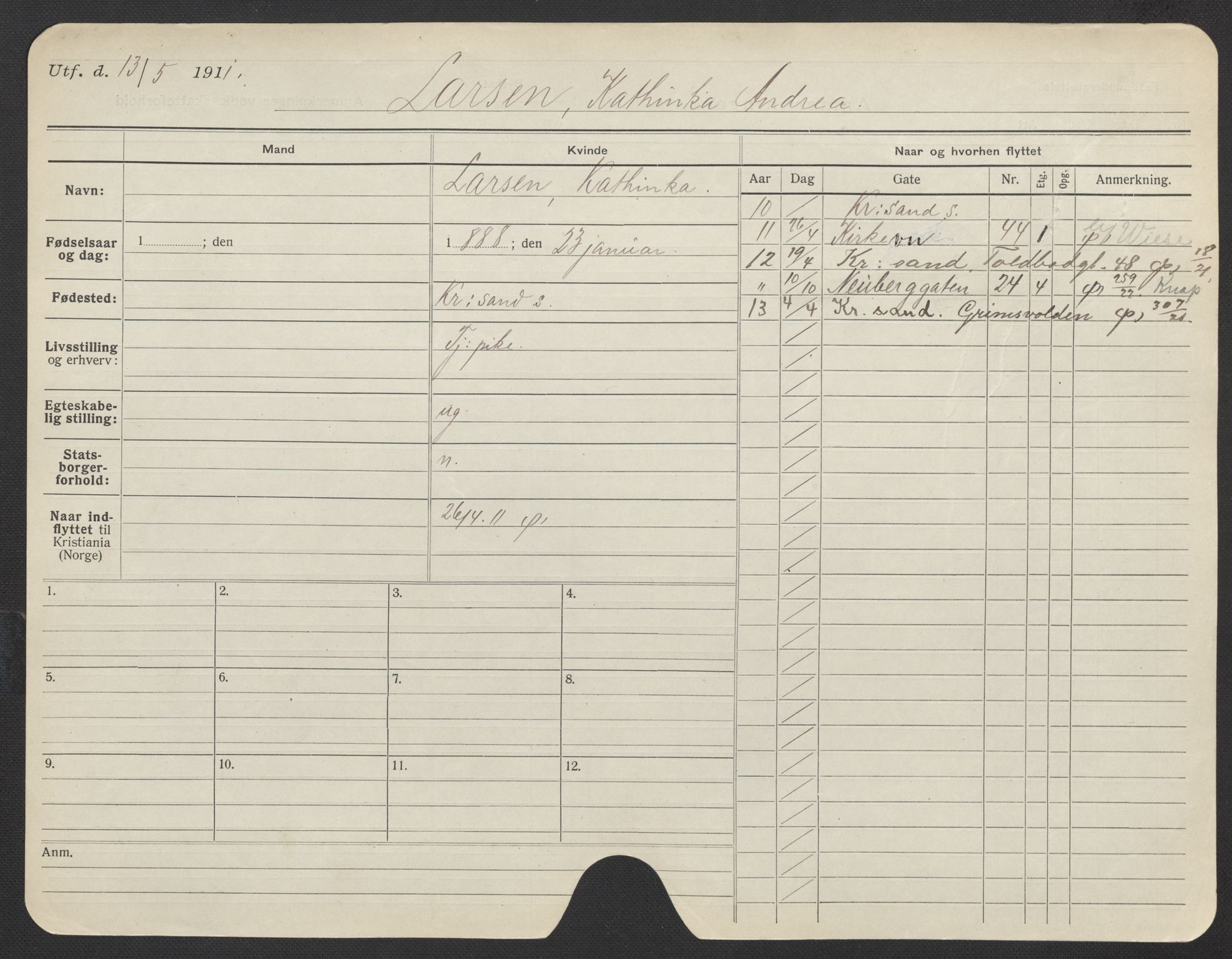 Oslo folkeregister, Registerkort, AV/SAO-A-11715/F/Fa/Fac/L0019: Kvinner, 1906-1914, s. 1004a