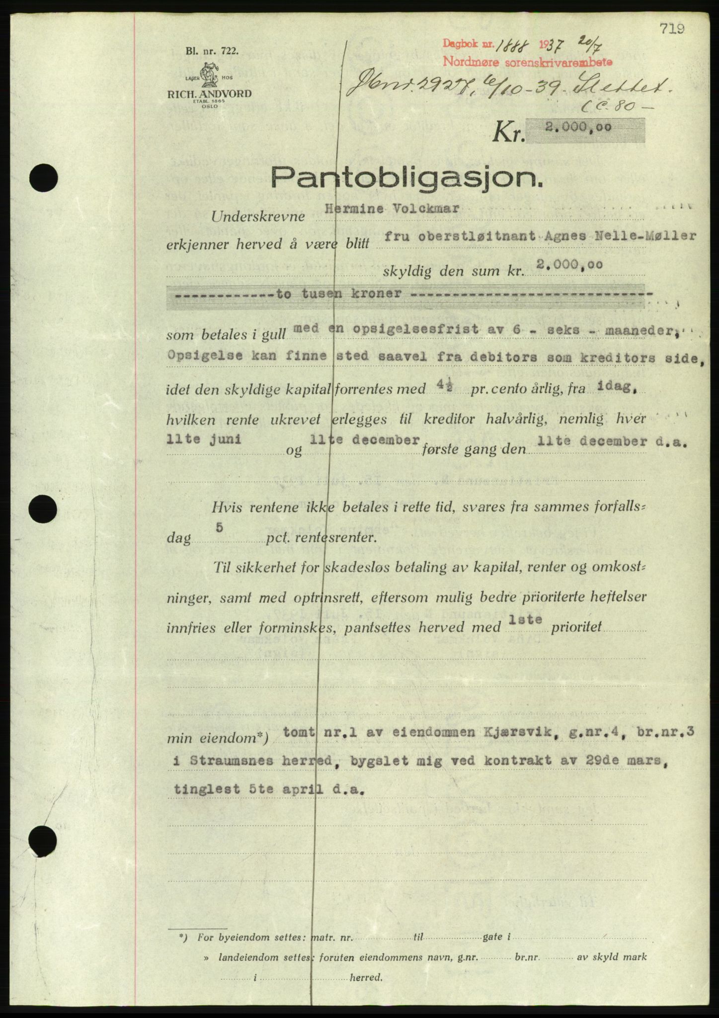 Nordmøre sorenskriveri, AV/SAT-A-4132/1/2/2Ca/L0091: Pantebok nr. B81, 1937-1937, Dagboknr: 1888/1937