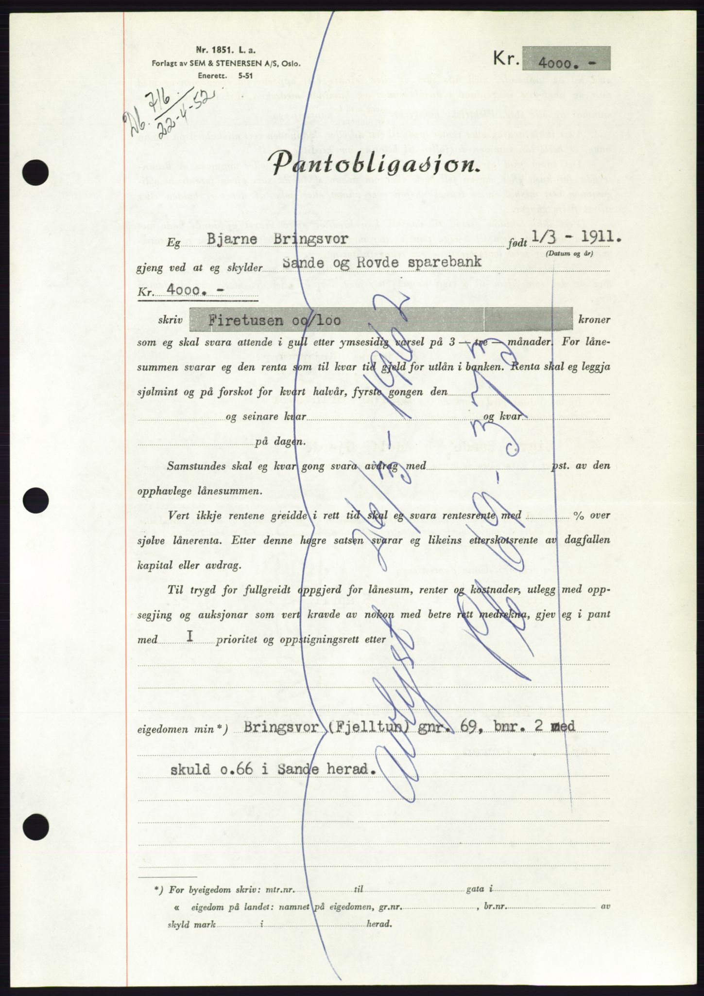 Søre Sunnmøre sorenskriveri, AV/SAT-A-4122/1/2/2C/L0121: Pantebok nr. 9B, 1951-1952, Dagboknr: 716/1952