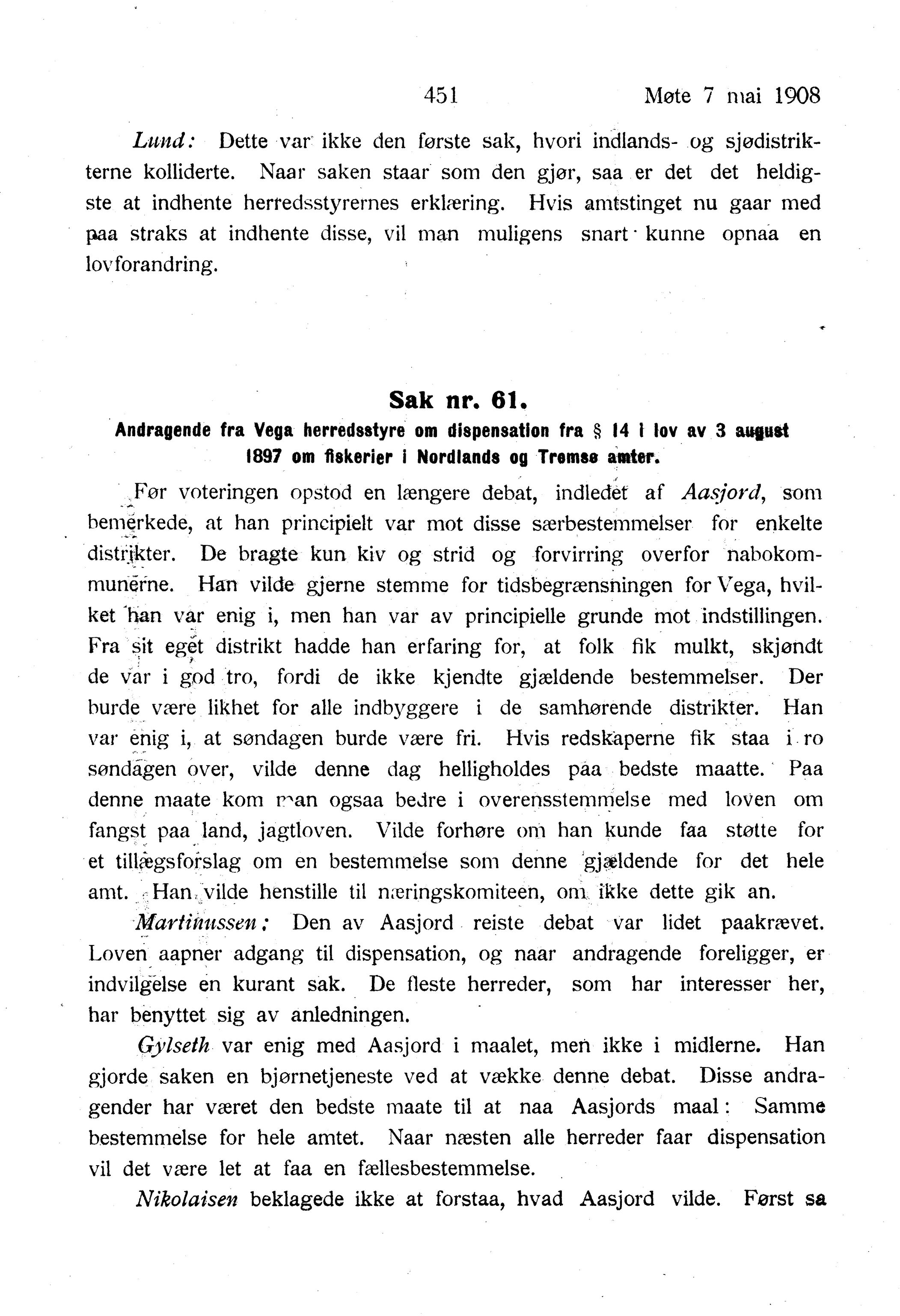 Nordland Fylkeskommune. Fylkestinget, AIN/NFK-17/176/A/Ac/L0031: Fylkestingsforhandlinger 1908, 1908