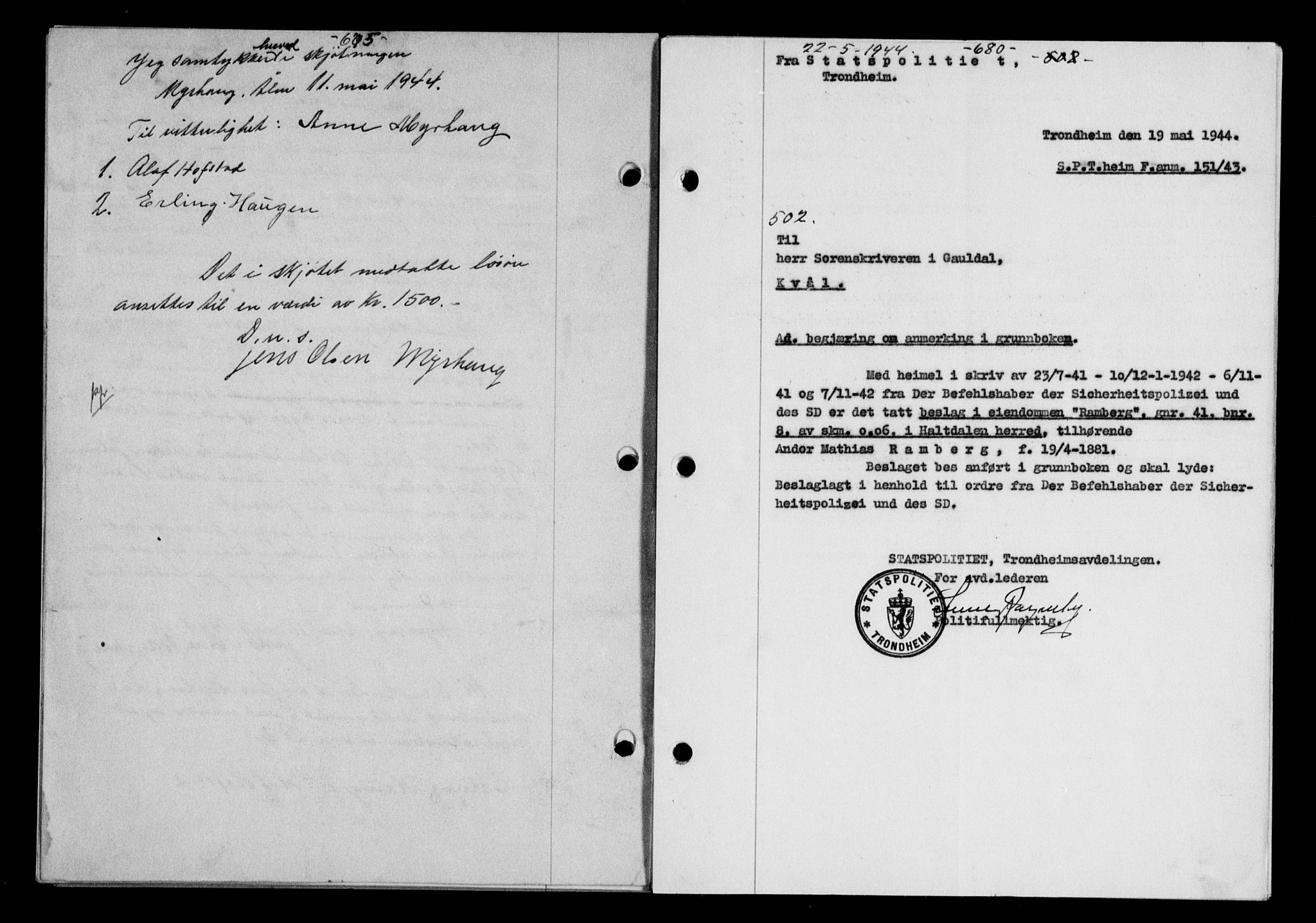 Gauldal sorenskriveri, SAT/A-0014/1/2/2C/L0057: Pantebok nr. 62, 1943-1944, Dagboknr: 502/1944