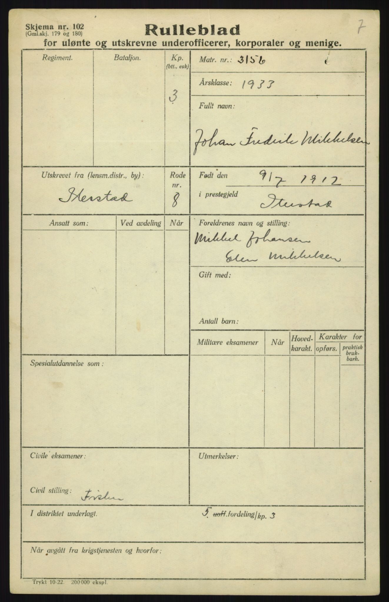 Forsvaret, Troms infanteriregiment nr. 16, AV/RA-RAFA-3146/P/Pa/L0017: Rulleblad for regimentets menige mannskaper, årsklasse 1933, 1933, s. 813