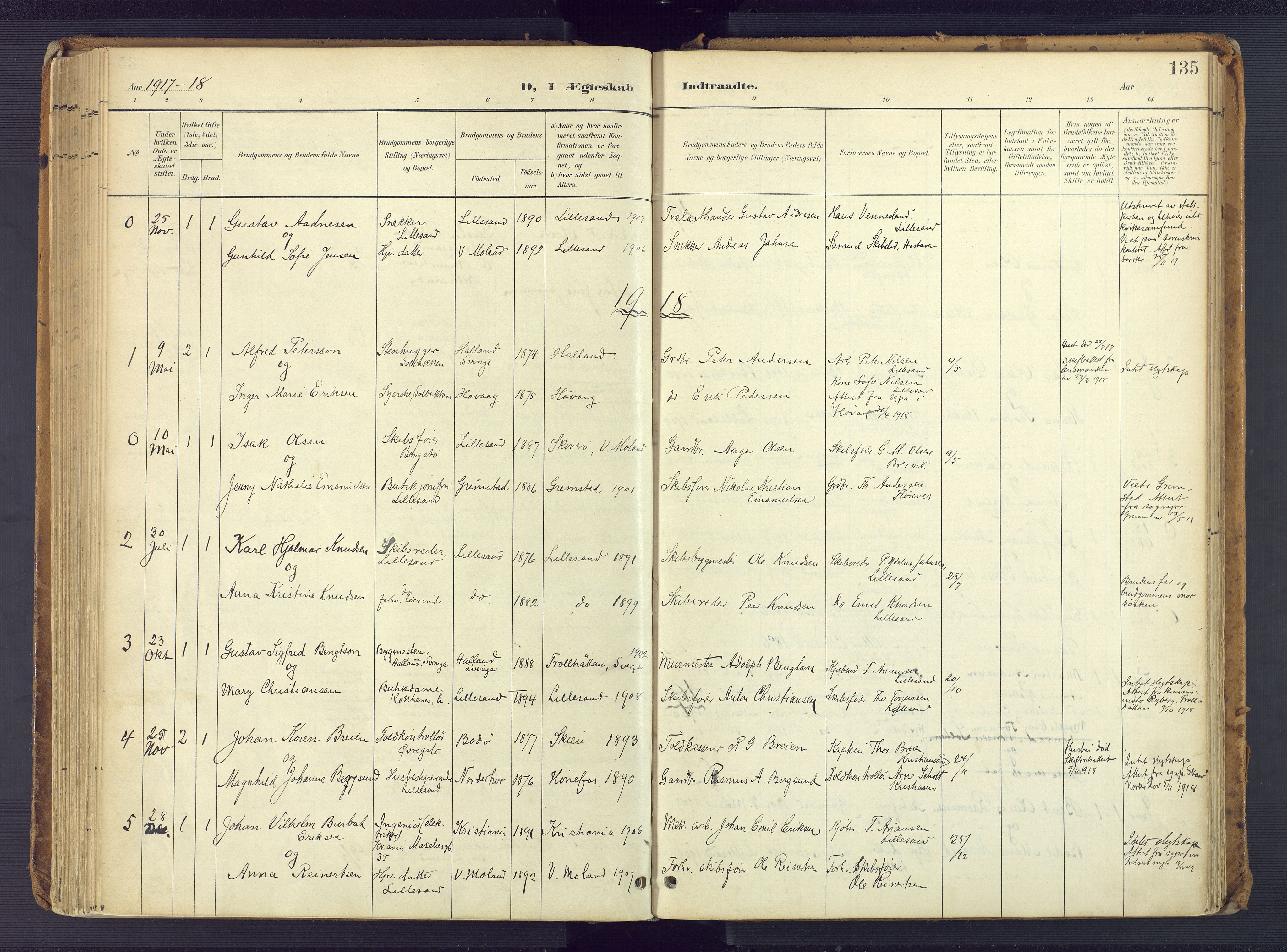 Vestre Moland sokneprestkontor, AV/SAK-1111-0046/F/Fa/Faa/L0002: Ministerialbok nr. A 2, 1900-1926, s. 135
