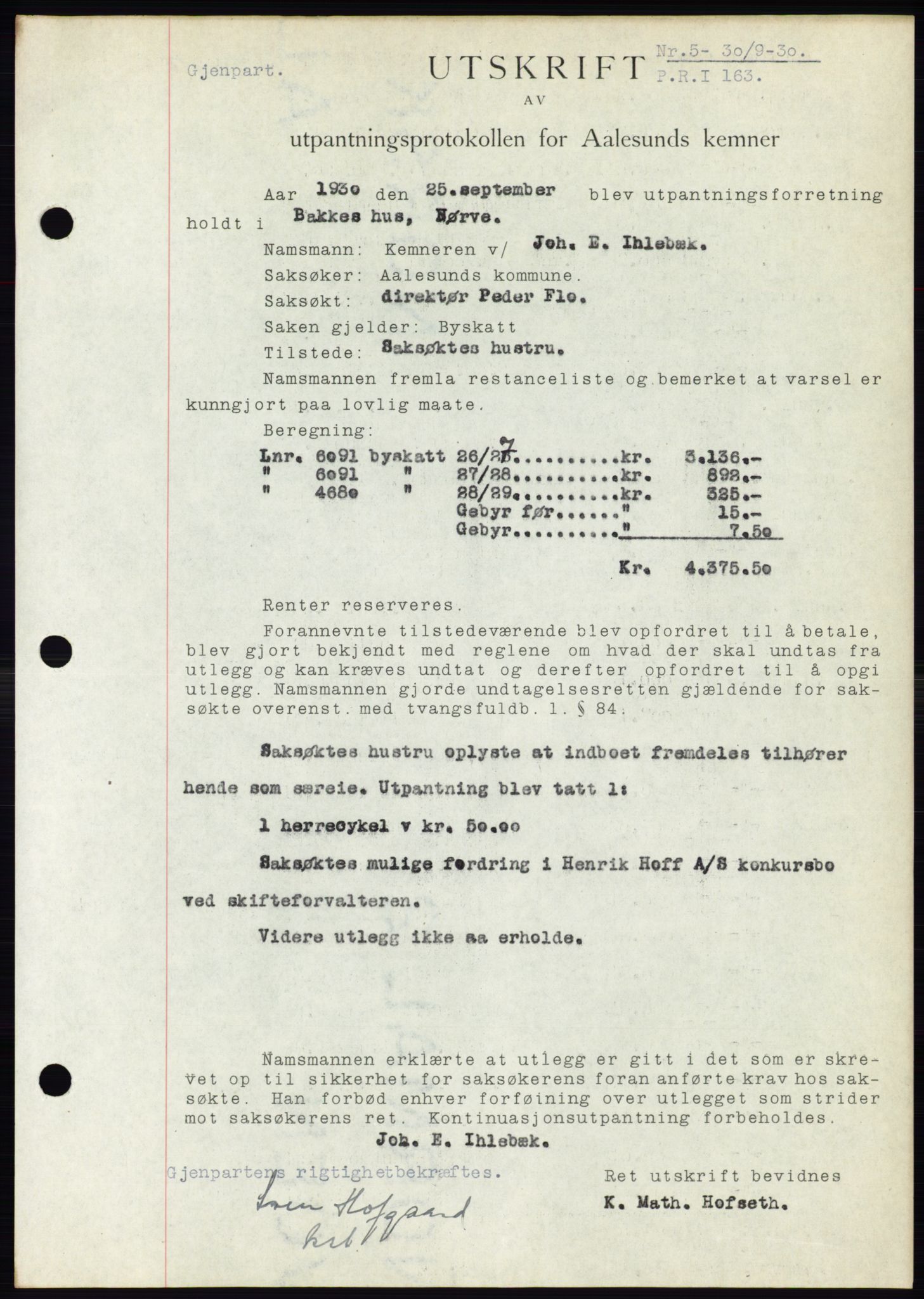 Ålesund byfogd, AV/SAT-A-4384: Pantebok nr. 26, 1930-1930, Tingl.dato: 30.09.1930