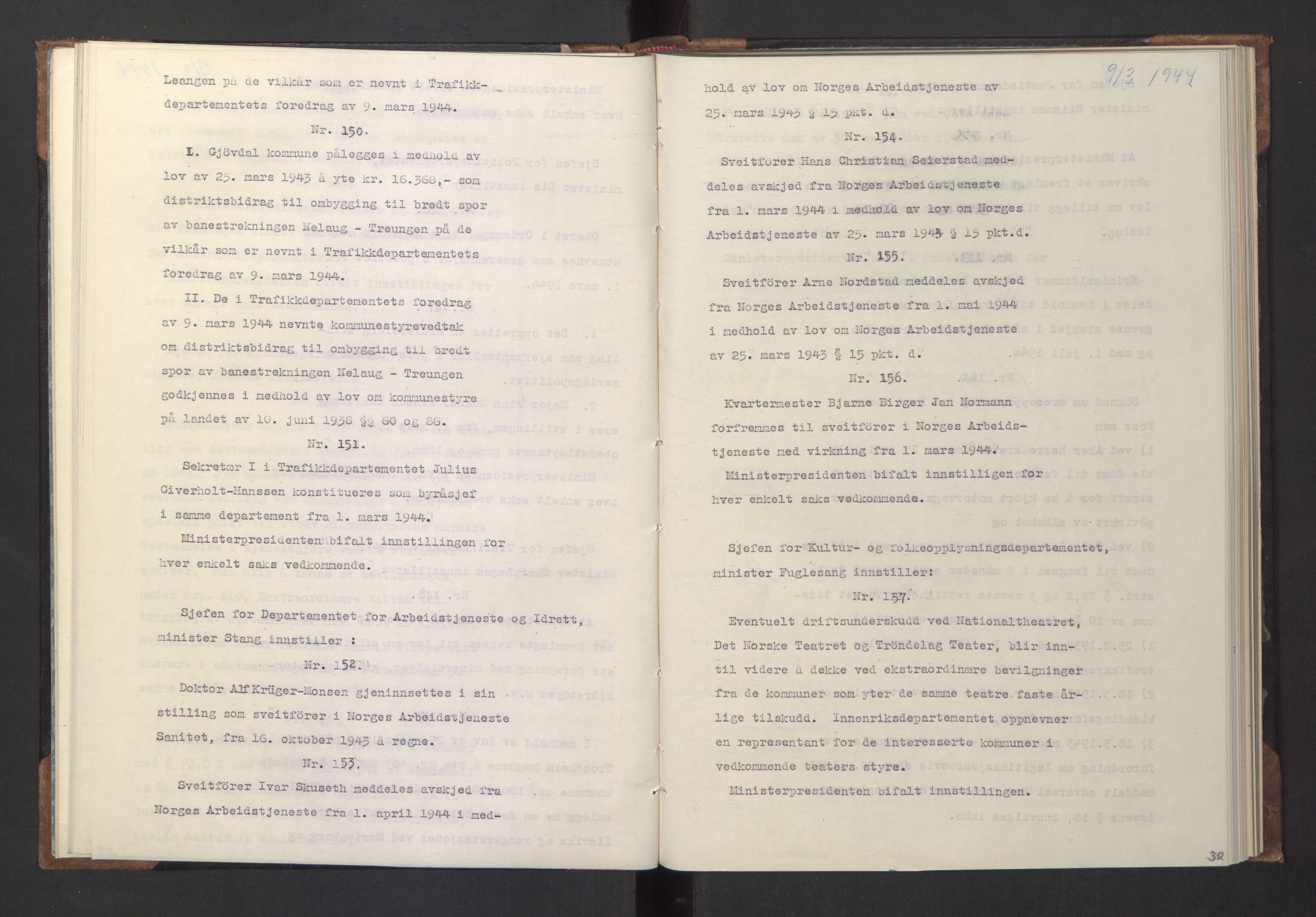 NS-administrasjonen 1940-1945 (Statsrådsekretariatet, de kommisariske statsråder mm), RA/S-4279/D/Da/L0005: Protokoll fra ministermøter, 1944, s. 32