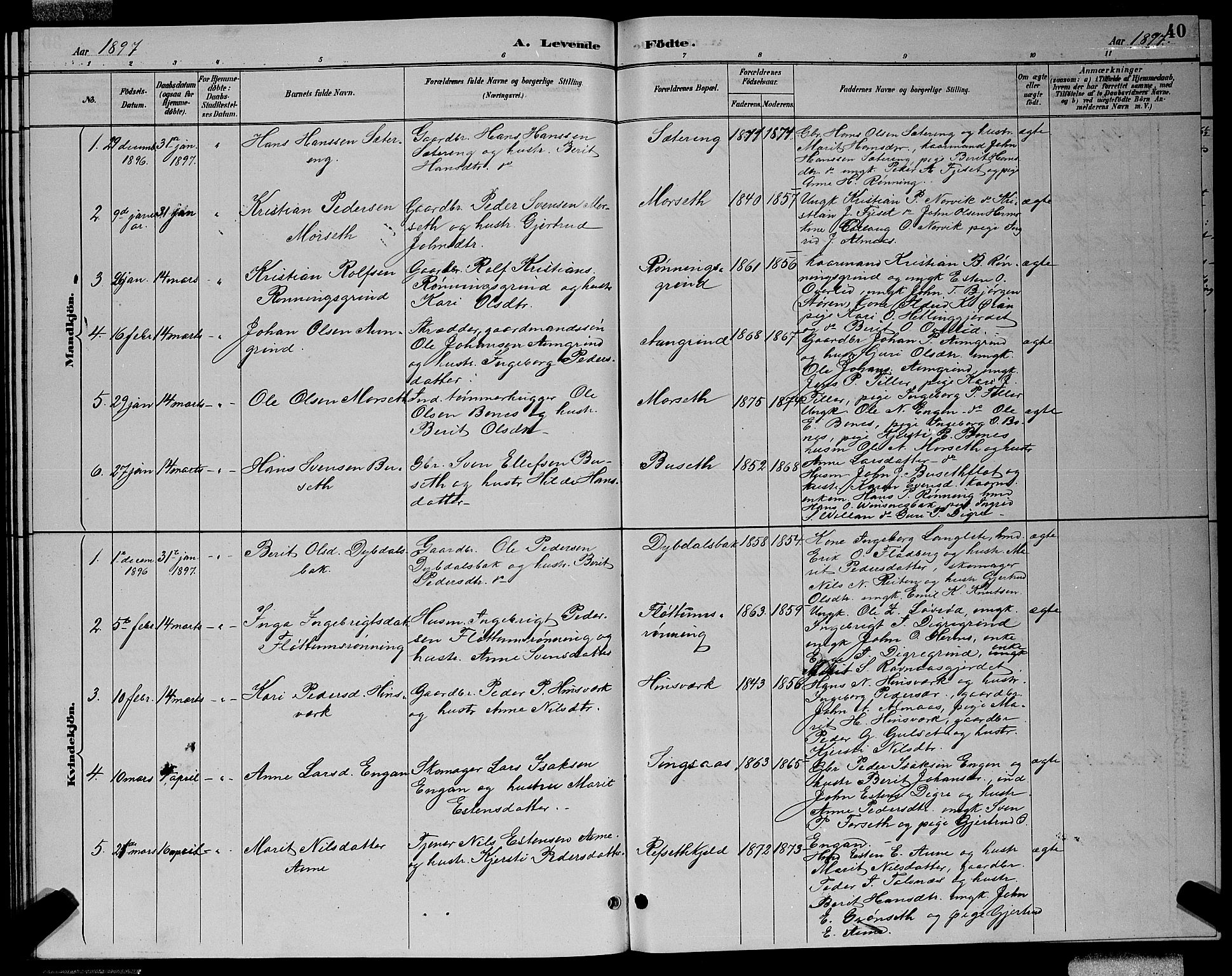 Ministerialprotokoller, klokkerbøker og fødselsregistre - Sør-Trøndelag, SAT/A-1456/688/L1028: Klokkerbok nr. 688C03, 1889-1899, s. 40
