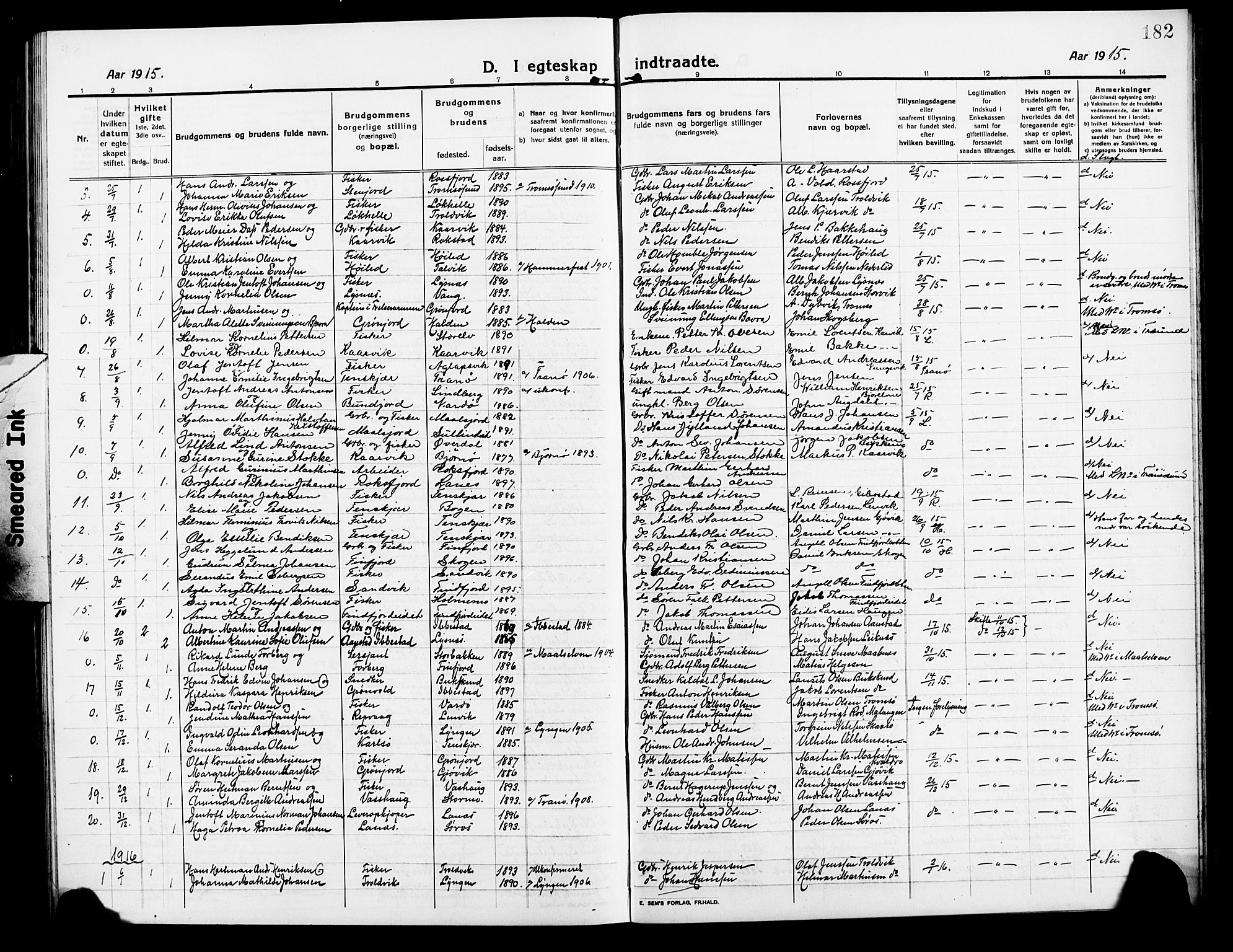 Lenvik sokneprestembete, AV/SATØ-S-1310/H/Ha/Hab/L0009klokker: Klokkerbok nr. 9, 1912-1926, s. 182