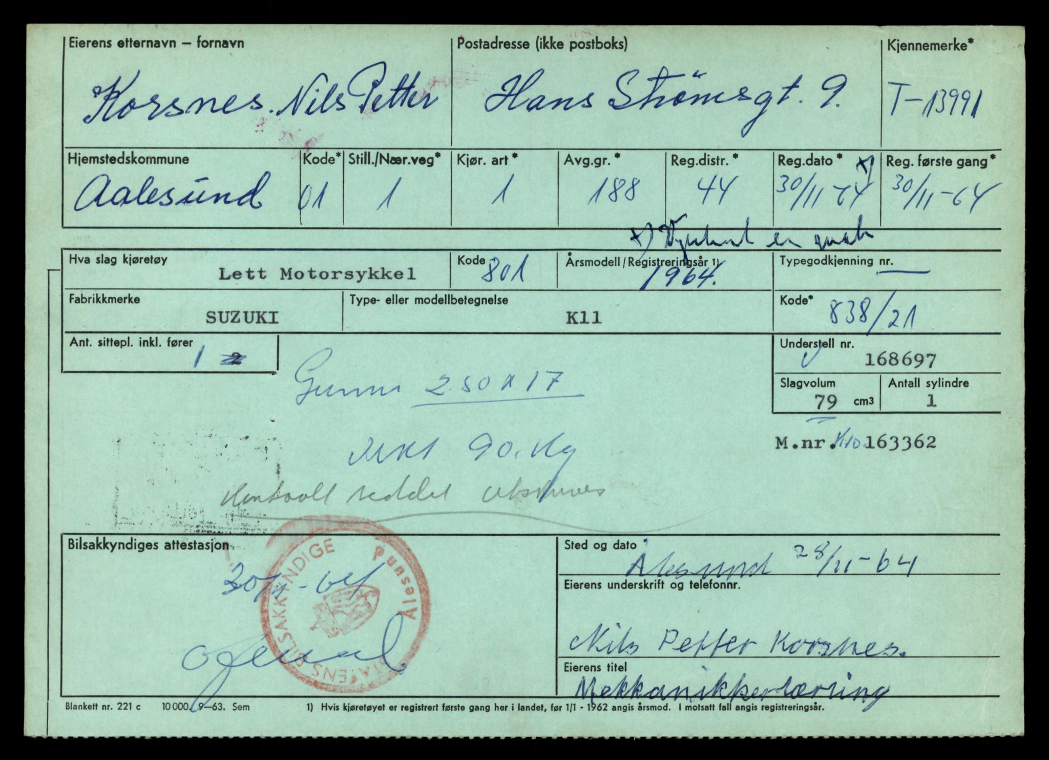 Møre og Romsdal vegkontor - Ålesund trafikkstasjon, AV/SAT-A-4099/F/Fe/L0042: Registreringskort for kjøretøy T 13906 - T 14079, 1927-1998, s. 1219