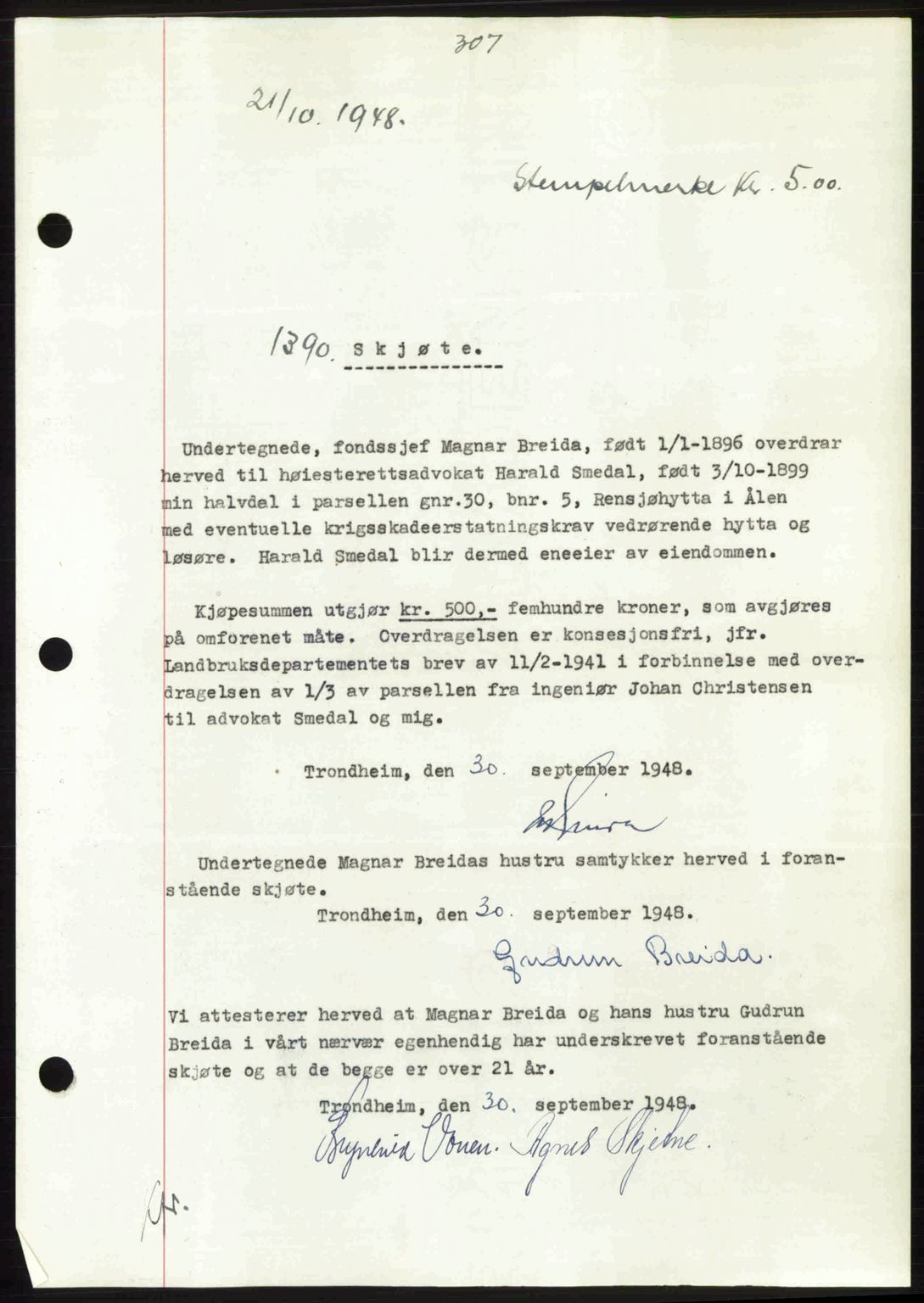 Gauldal sorenskriveri, SAT/A-0014/1/2/2C: Pantebok nr. A6, 1948-1948, Dagboknr: 1390/1948