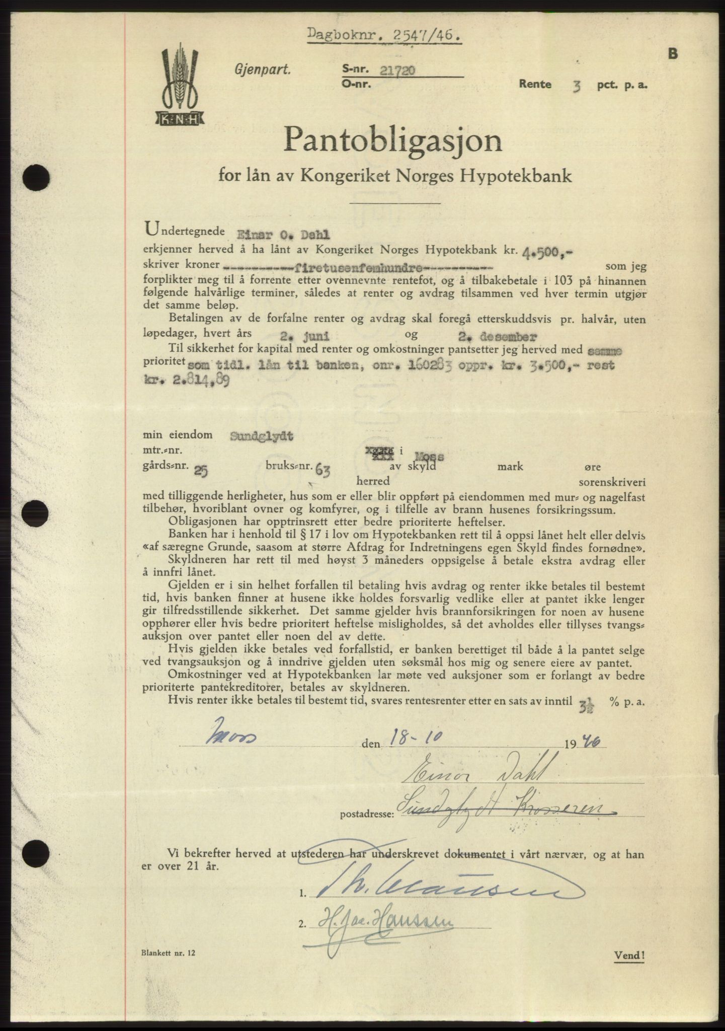 Moss sorenskriveri, SAO/A-10168: Pantebok nr. B16, 1946-1947, Dagboknr: 2547/1946