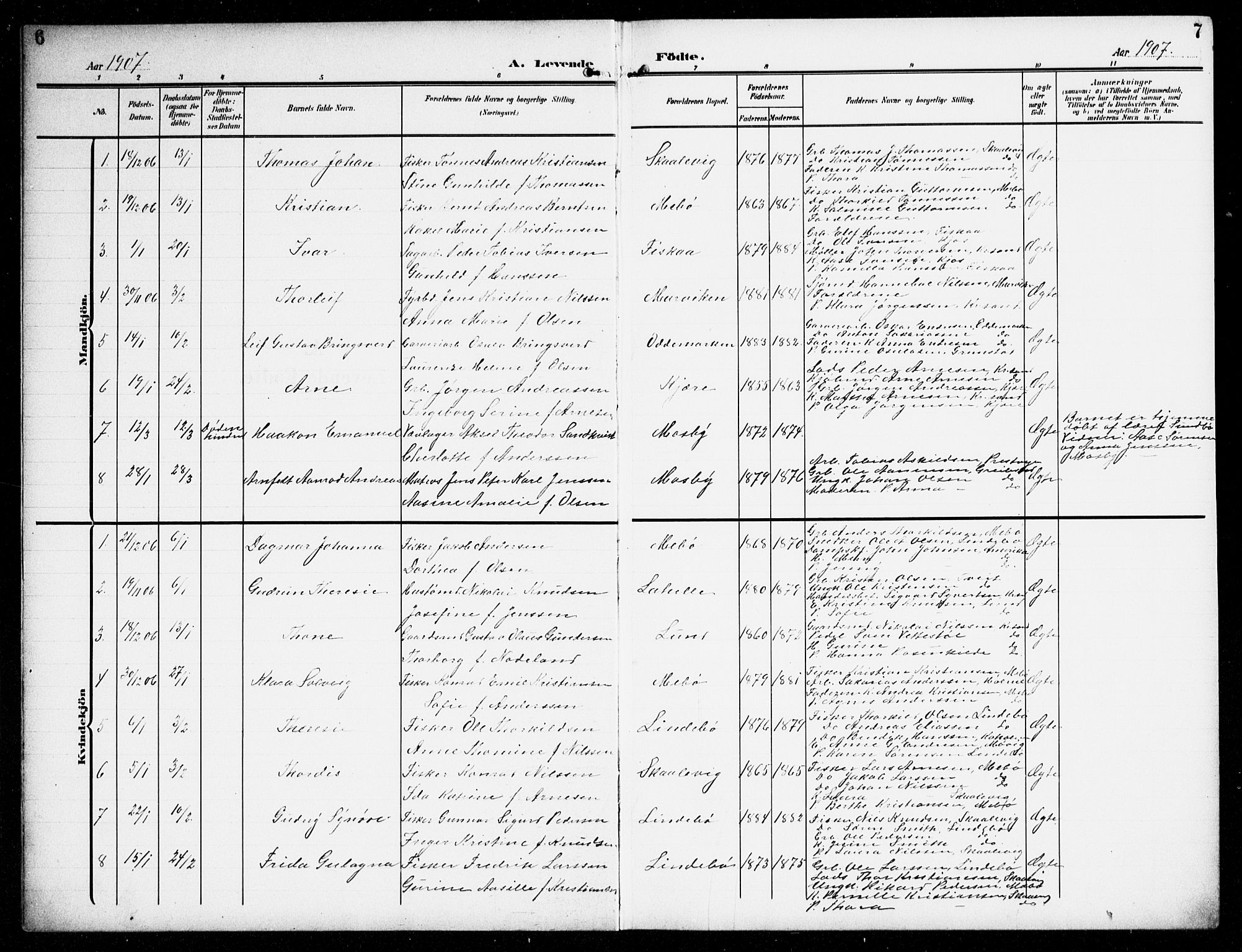 Oddernes sokneprestkontor, AV/SAK-1111-0033/F/Fb/Fba/L0010: Klokkerbok nr. B 10, 1907-1941, s. 6-7