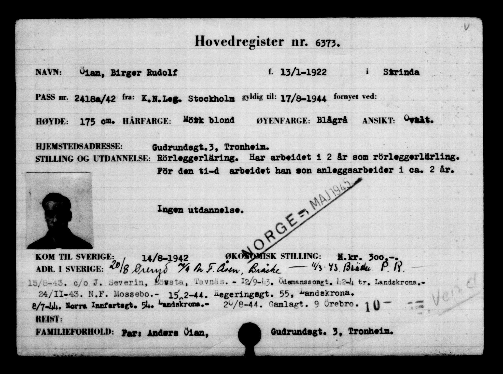 Utenriksstasjonene, Legasjonen i Stockholm, Flyktningkontoret, AV/RA-S-6753/V/Va/L0004: Kjesäterkartoteket, flyktninger med registreringsnr. 3496-6610, 1940-1945, s. 3403