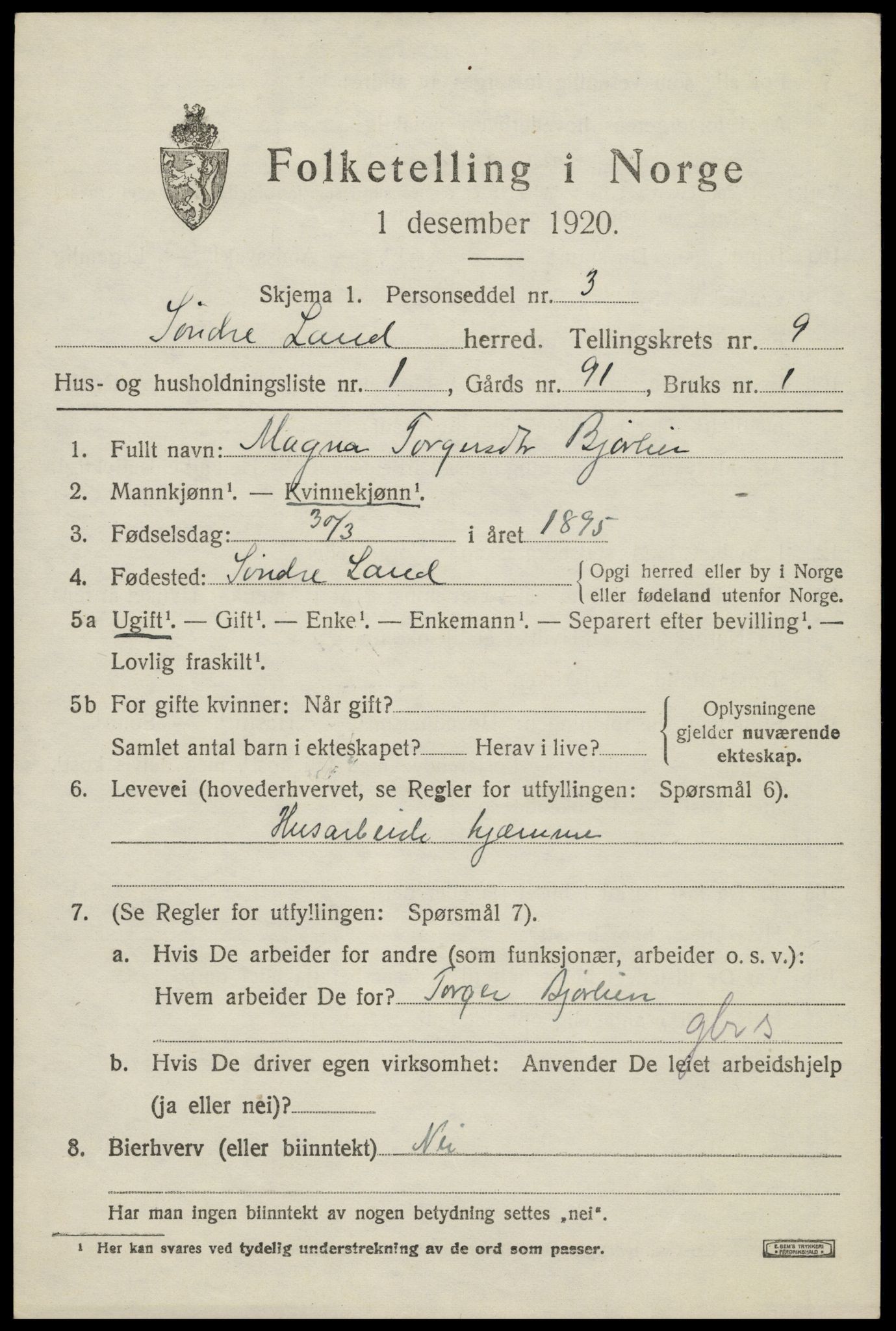 SAH, Folketelling 1920 for 0536 Søndre Land herred, 1920, s. 8183