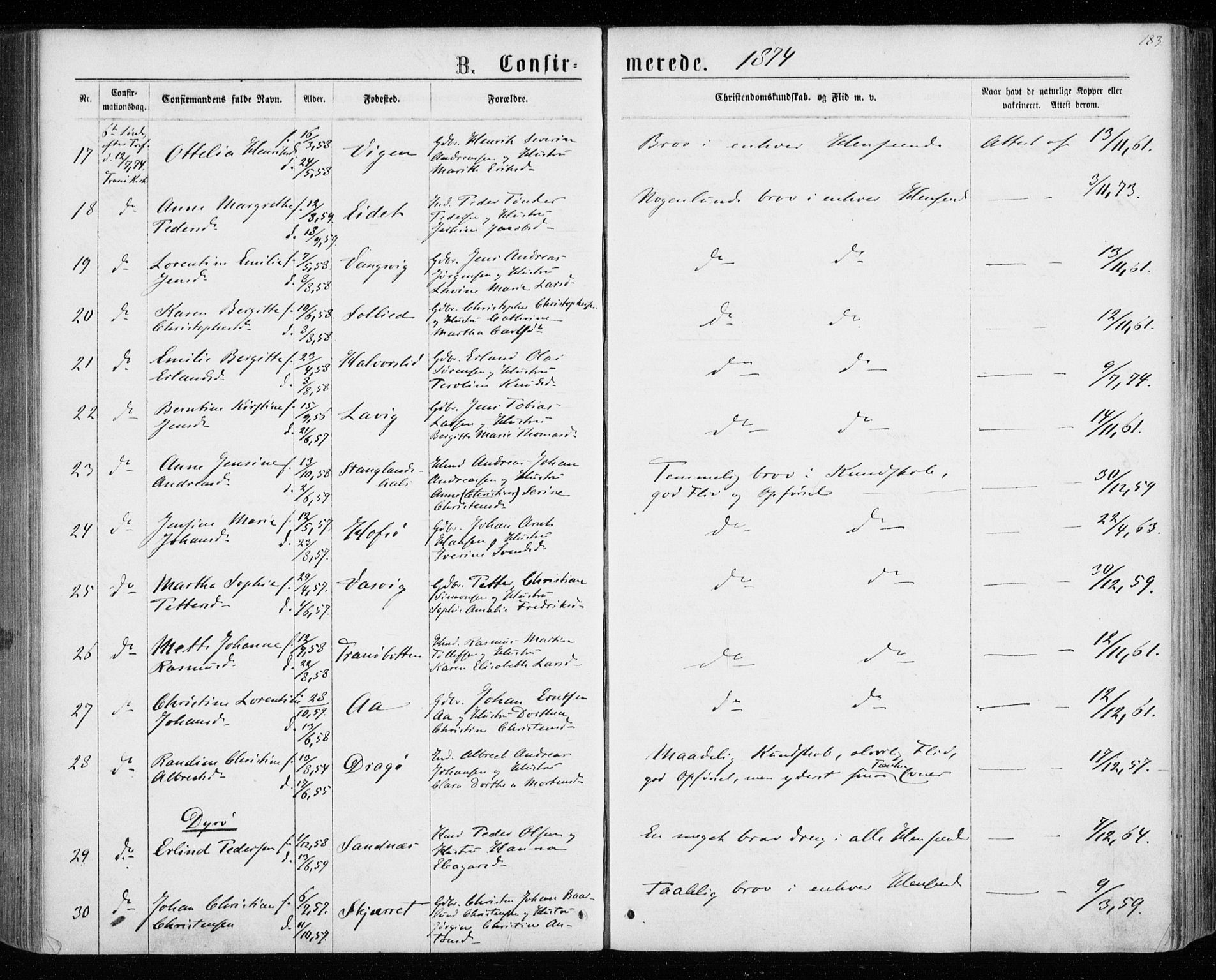 Tranøy sokneprestkontor, AV/SATØ-S-1313/I/Ia/Iaa/L0008kirke: Ministerialbok nr. 8, 1867-1877, s. 183