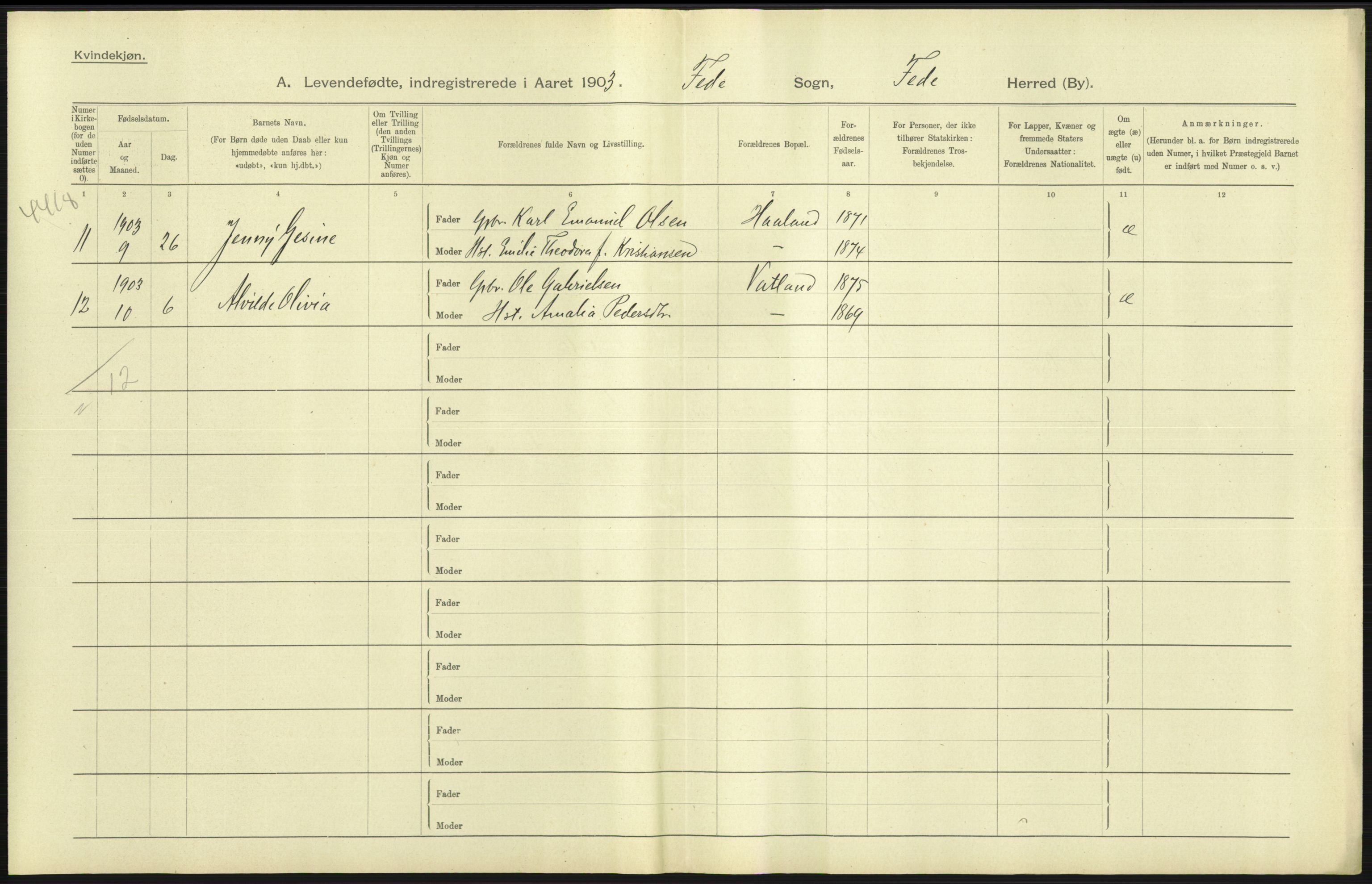 Statistisk sentralbyrå, Sosiodemografiske emner, Befolkning, AV/RA-S-2228/D/Df/Dfa/Dfaa/L0011: Lister og Mandal amt: Fødte, gifte, døde, 1903, s. 33