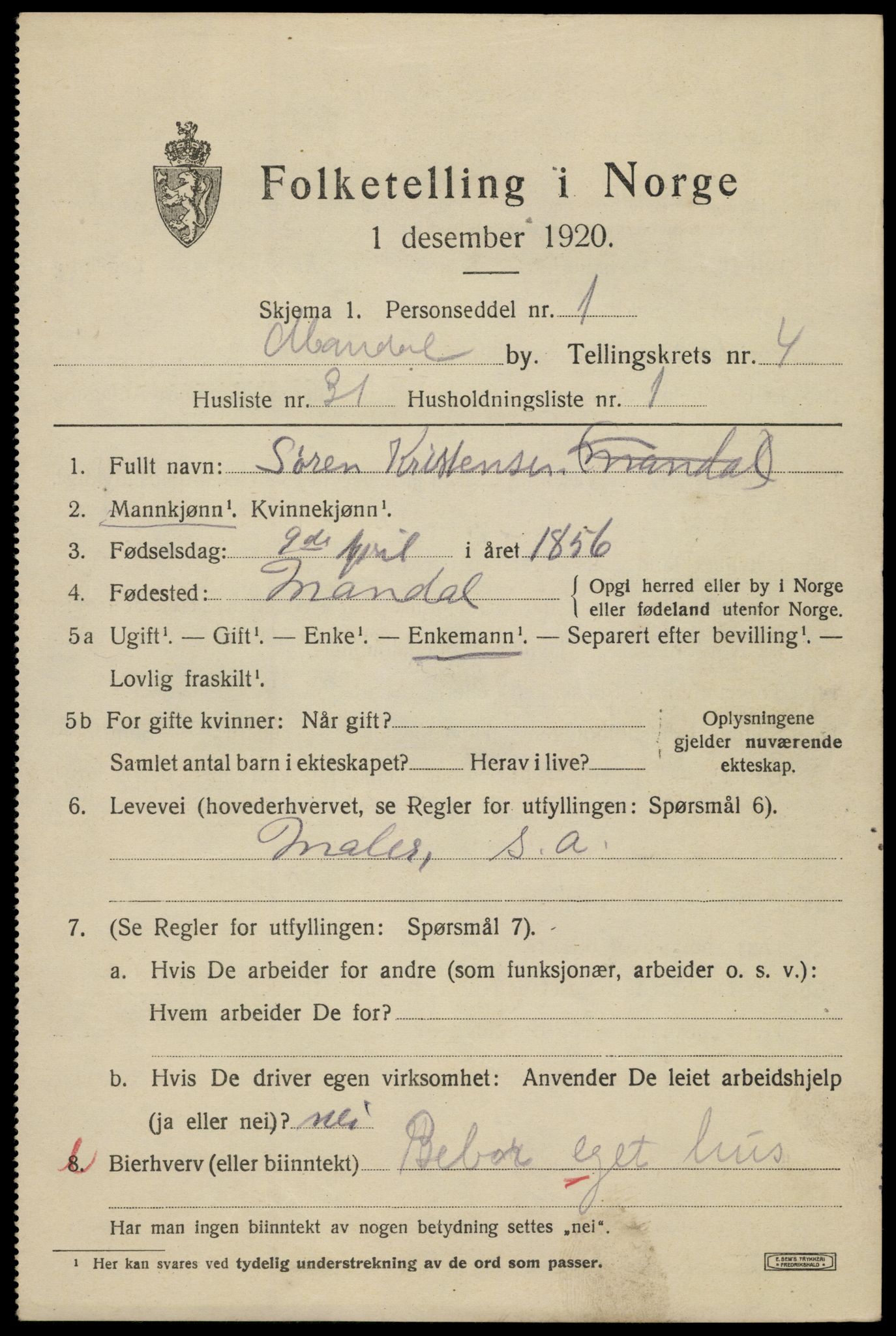 SAK, Folketelling 1920 for 1002 Mandal ladested, 1920, s. 7311