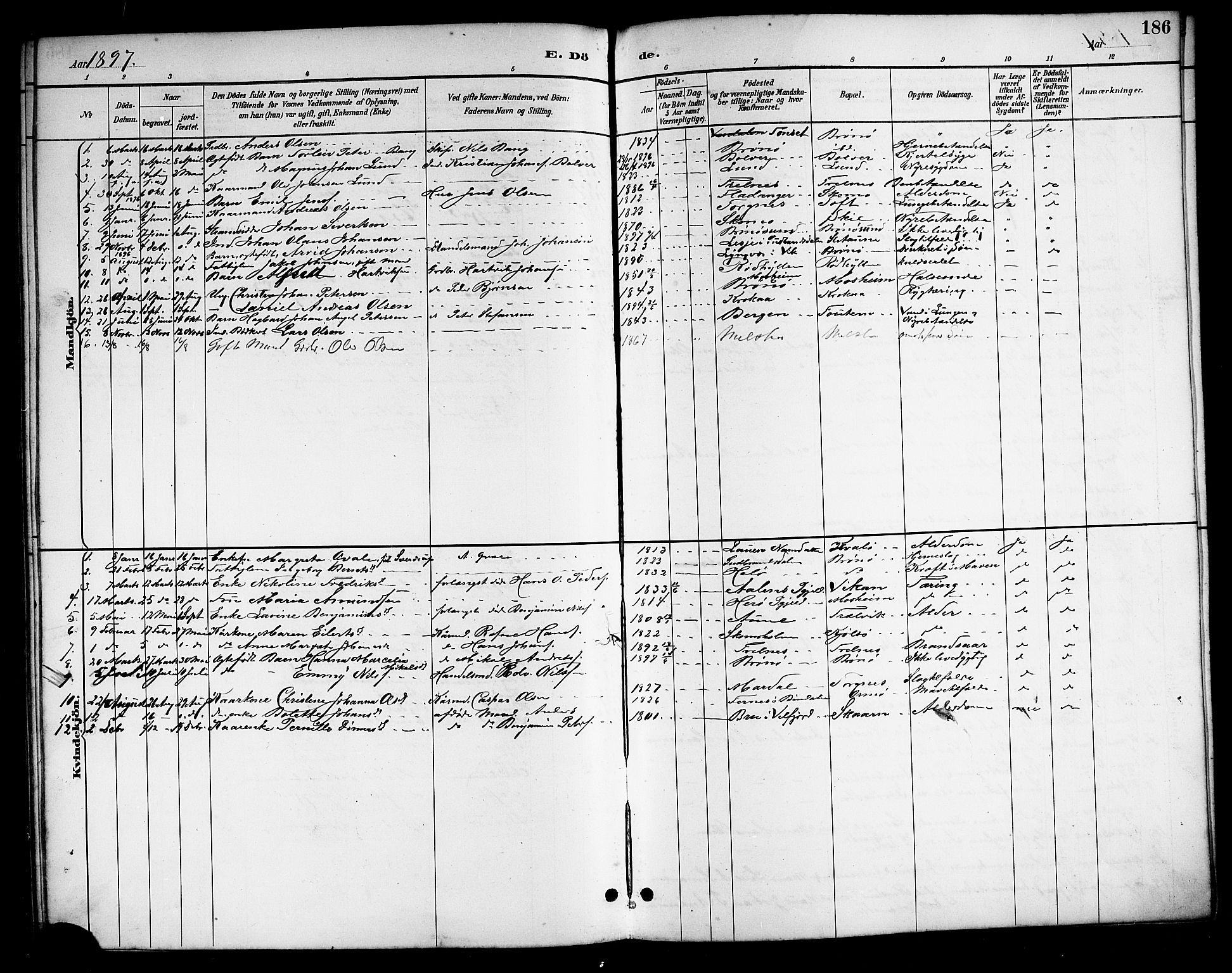 Ministerialprotokoller, klokkerbøker og fødselsregistre - Nordland, SAT/A-1459/813/L0213: Klokkerbok nr. 813C05, 1887-1903, s. 186