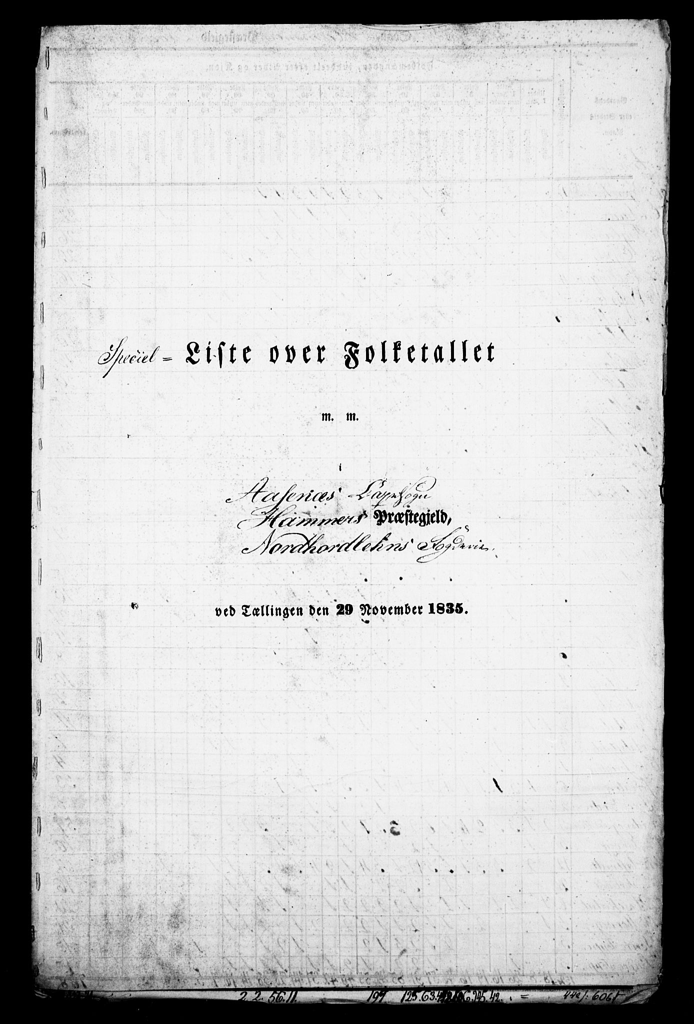 , Folketelling 1835 for 1254P Hamre prestegjeld, 1835, s. 1
