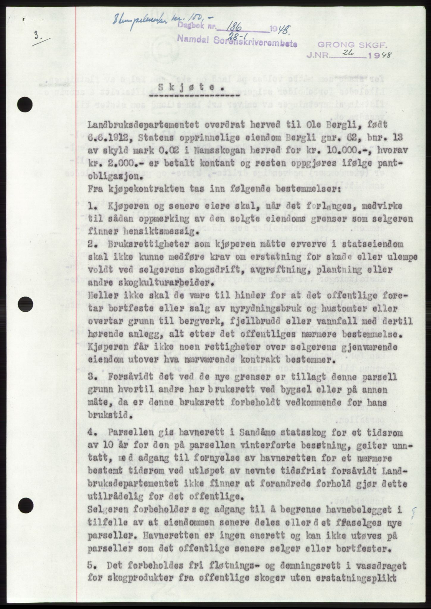Namdal sorenskriveri, SAT/A-4133/1/2/2C: Pantebok nr. -, 1947-1948, Dagboknr: 186/1948