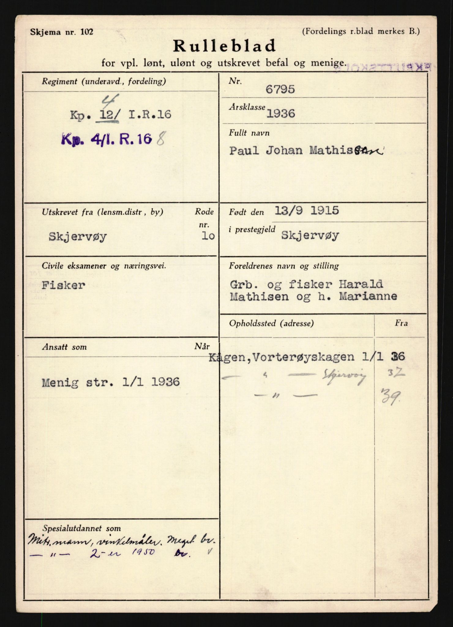 Forsvaret, Troms infanteriregiment nr. 16, AV/RA-RAFA-3146/P/Pa/L0020: Rulleblad for regimentets menige mannskaper, årsklasse 1936, 1936, s. 861