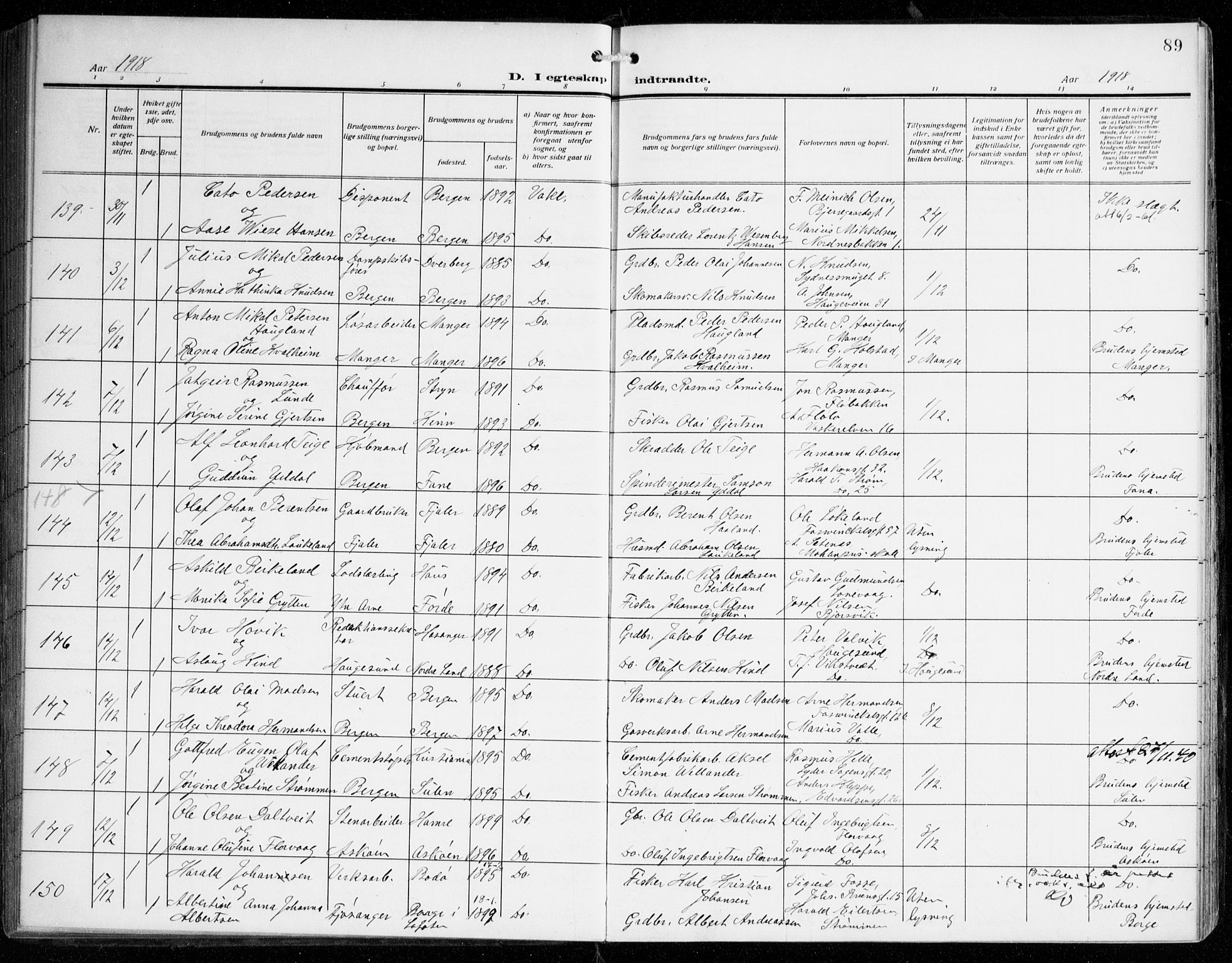 Johanneskirken sokneprestembete, AV/SAB-A-76001/H/Haa/L0013: Ministerialbok nr. D 2, 1912-1929, s. 89