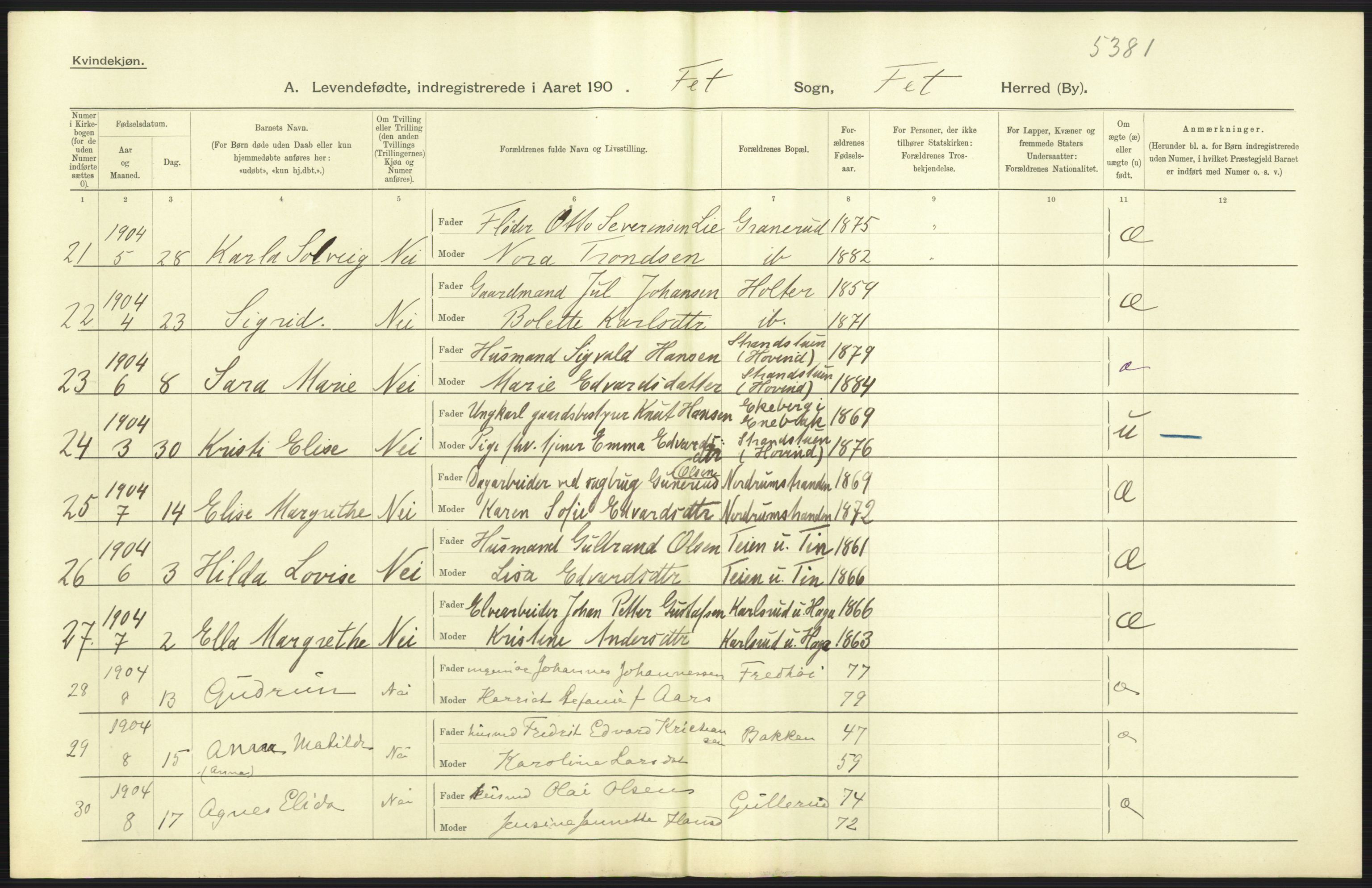 Statistisk sentralbyrå, Sosiodemografiske emner, Befolkning, AV/RA-S-2228/D/Df/Dfa/Dfab/L0002: Akershus amt: Fødte, gifte, døde, 1904, s. 77