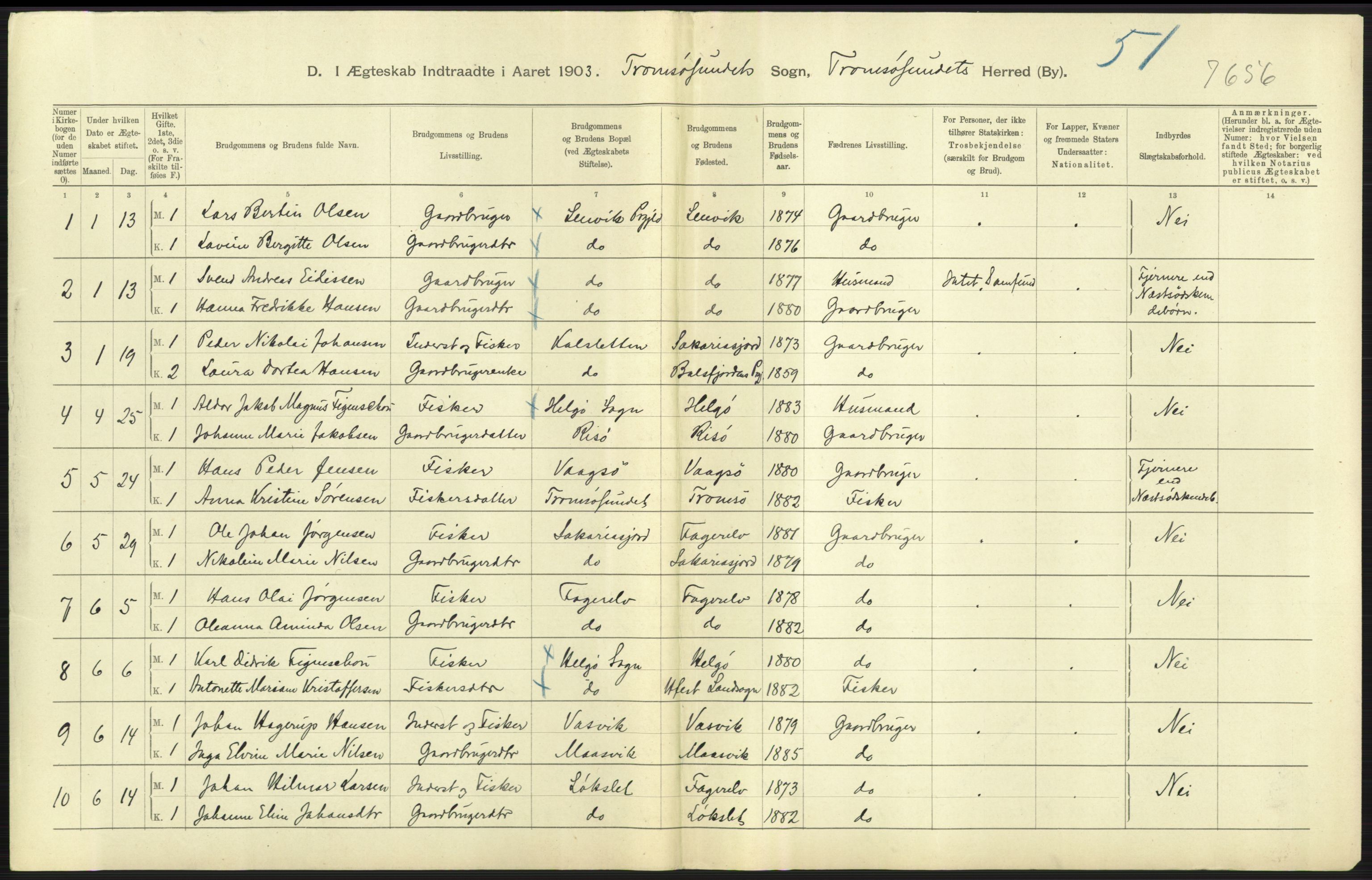 Statistisk sentralbyrå, Sosiodemografiske emner, Befolkning, AV/RA-S-2228/D/Df/Dfa/Dfaa/L0021: Tromsø amt: Fødte, gifte, døde., 1903, s. 307