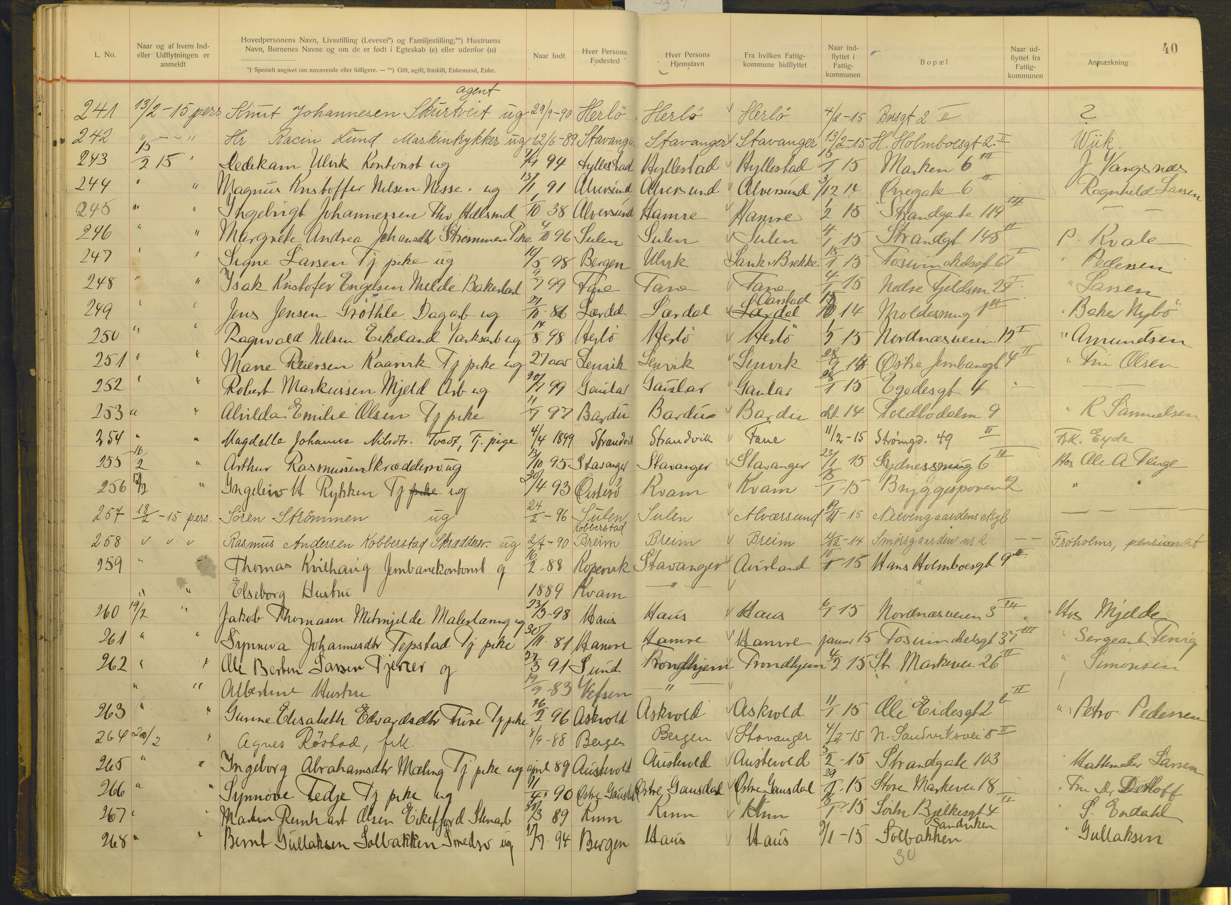 Bergen politikammer / politidistrikt, AV/SAB-A-60401/J.g/L0009: Protokoll over innflyttede, 1914-1917, s. 40