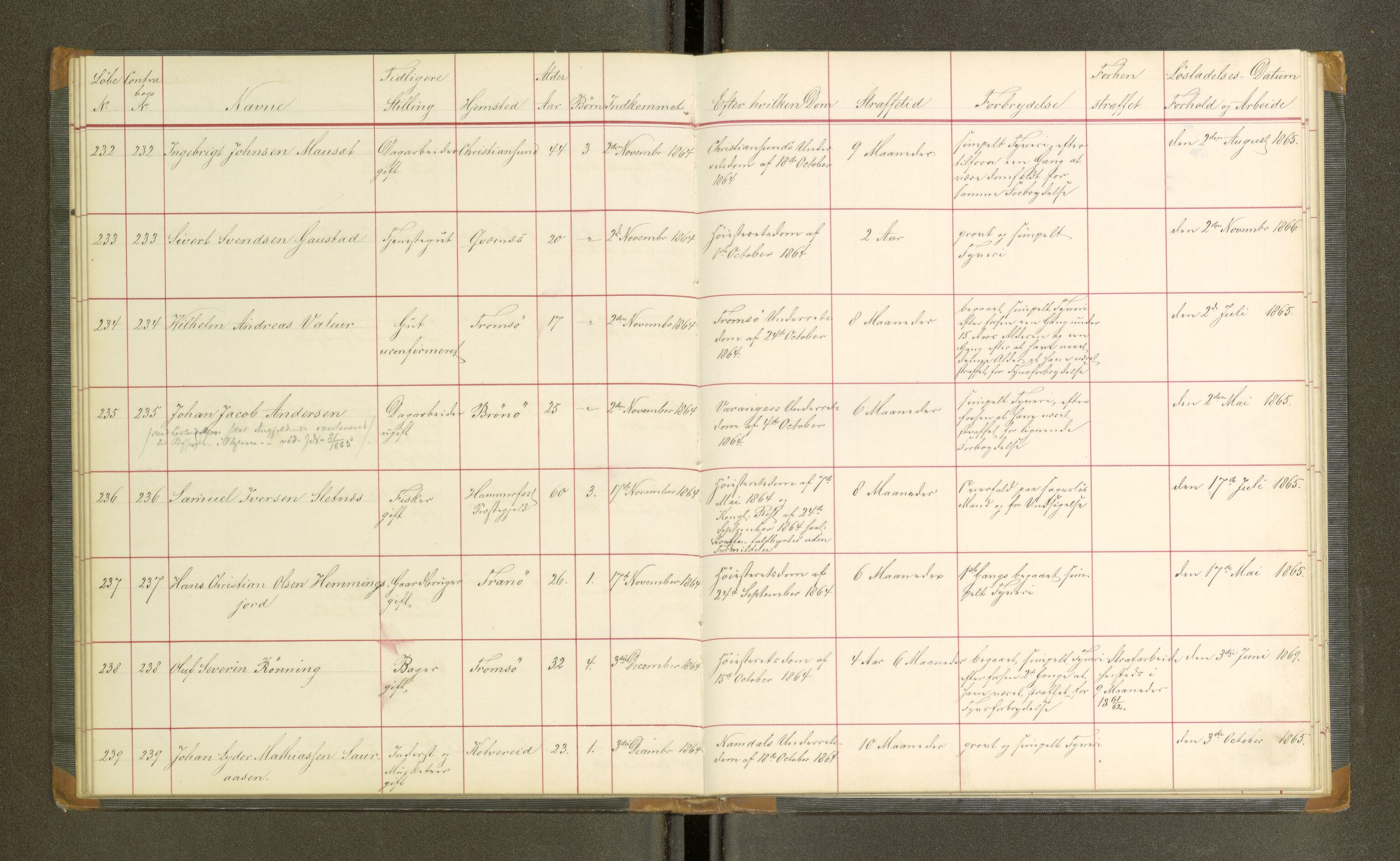 Trondheim tukthus, SAT/A-4619/05/65/L0020: 65.20 Fangeprotokoll, 1864