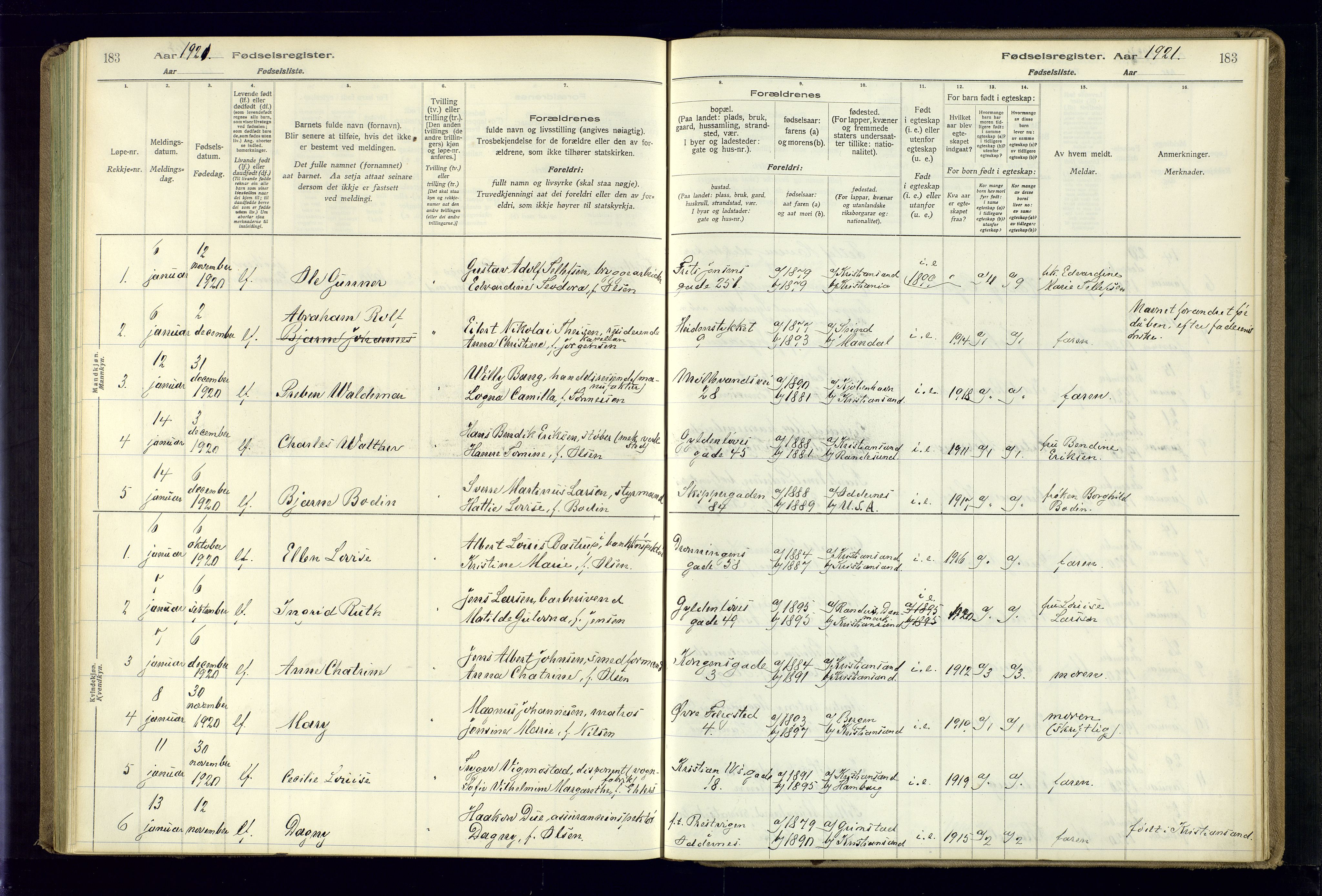 Kristiansand domprosti, AV/SAK-1112-0006/J/Jc/L0001: Fødselsregister nr. A-VI-45, 1916-1921, s. 183