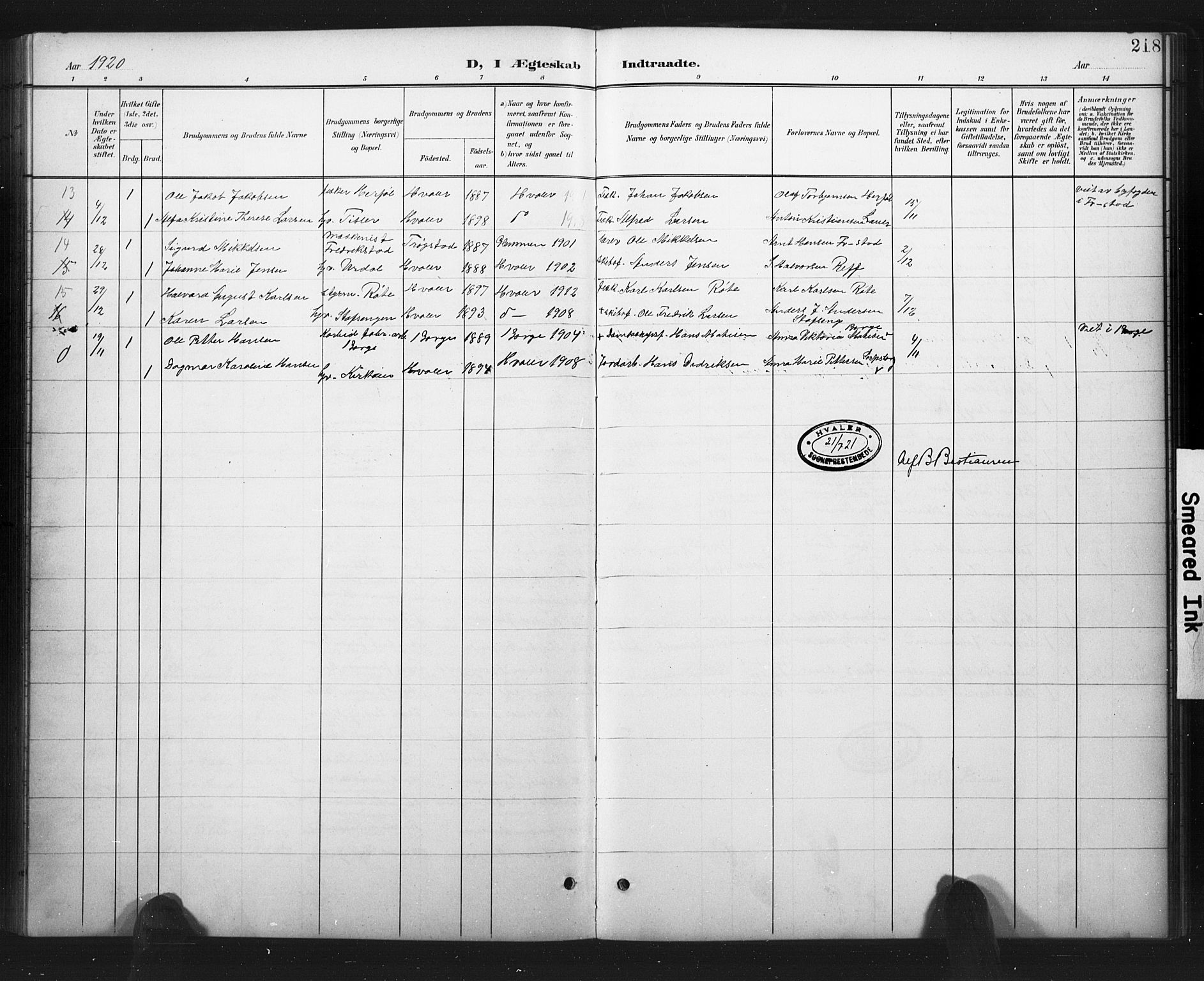 Hvaler prestekontor Kirkebøker, AV/SAO-A-2001/G/Ga/L0001: Klokkerbok nr. I 1, 1901-1930, s. 218