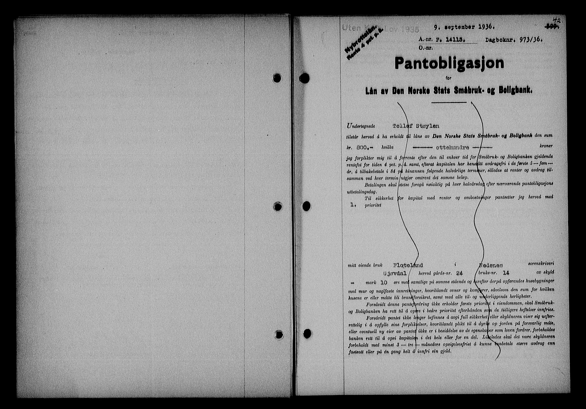 Nedenes sorenskriveri, SAK/1221-0006/G/Gb/Gba/L0043: Pantebok nr. 39, 1936-1937, Dagboknr: 973/1936