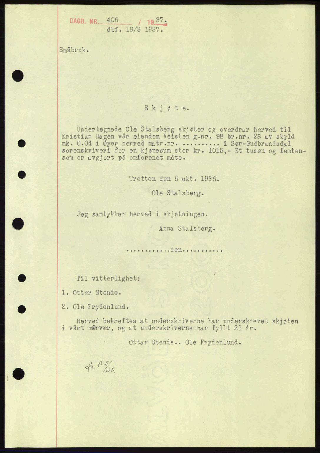 Sør-Gudbrandsdal tingrett, SAH/TING-004/H/Hb/Hbd/L0002: Pantebok nr. A2, 1936-1937, Dagboknr: 406/1937