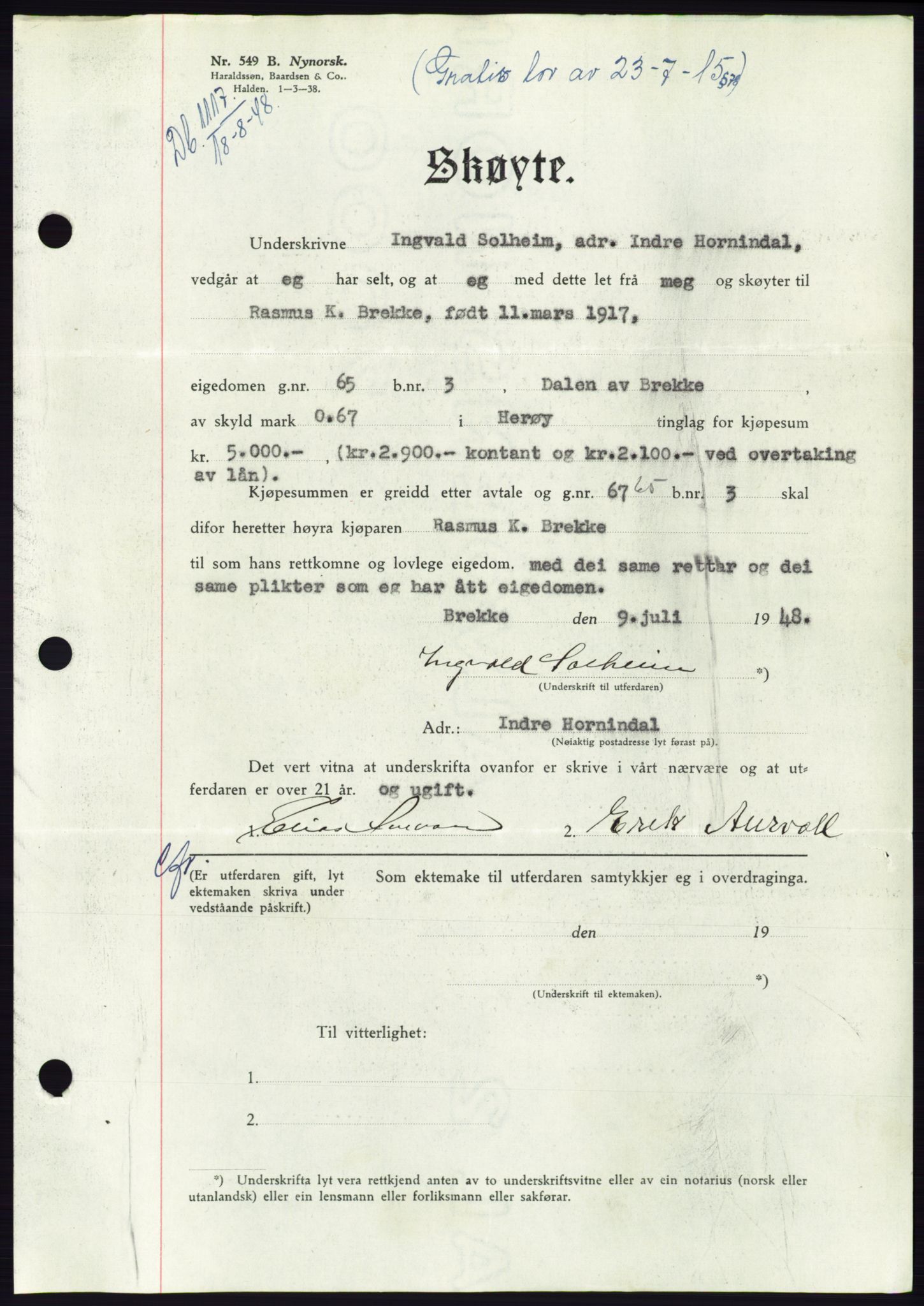 Søre Sunnmøre sorenskriveri, AV/SAT-A-4122/1/2/2C/L0082: Pantebok nr. 8A, 1948-1948, Dagboknr: 1117/1948