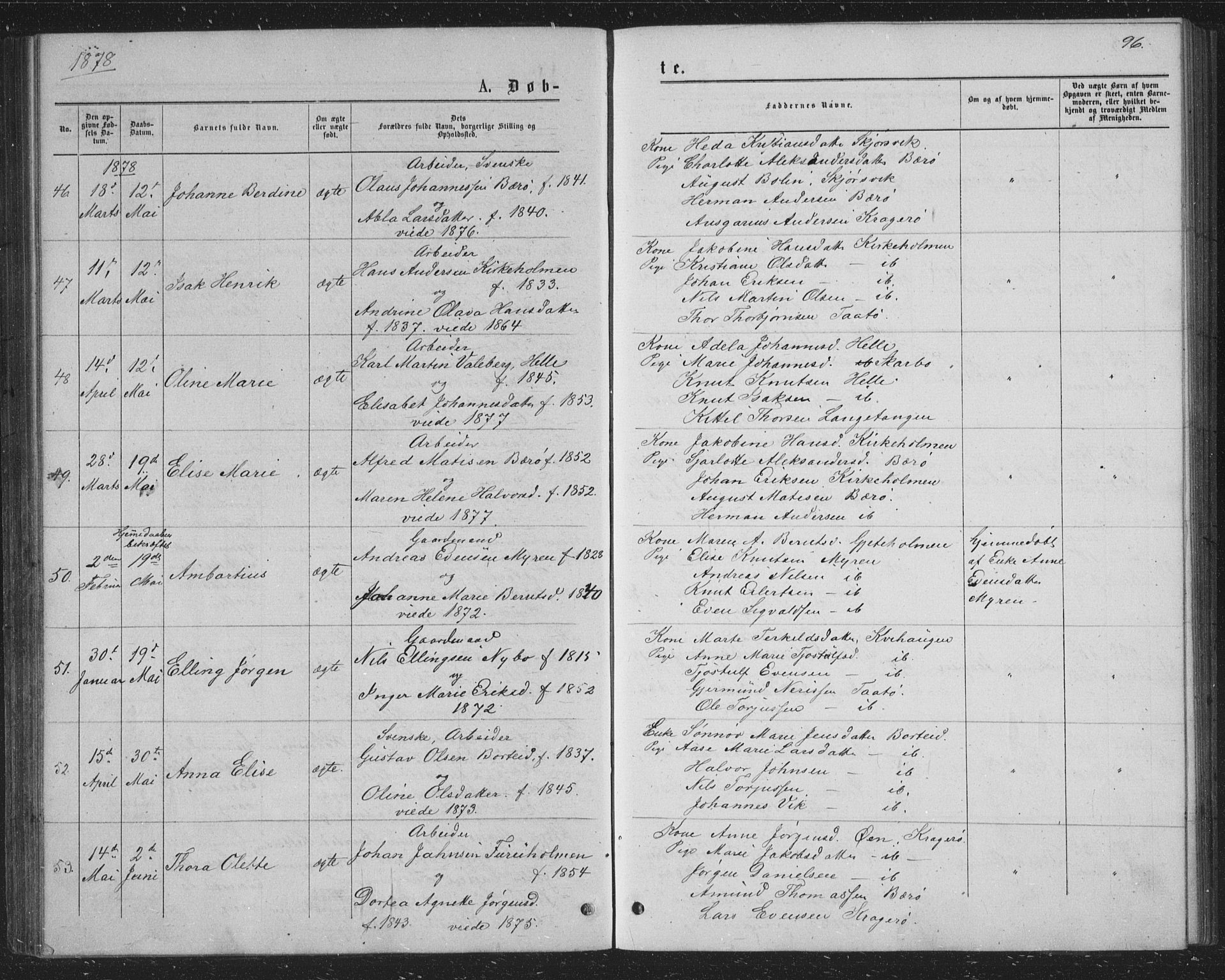 Skåtøy kirkebøker, AV/SAKO-A-304/G/Ga/L0002: Klokkerbok nr. I 2, 1872-1884, s. 96
