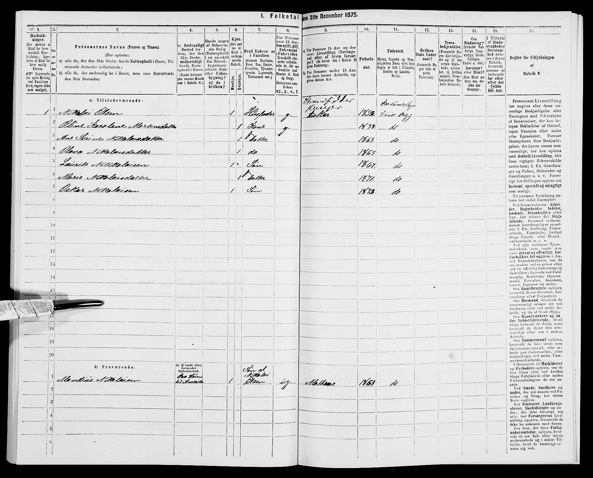 SAK, Folketelling 1875 for 1041L Vanse prestegjeld, Vanse sokn og Farsund landsokn, 1875, s. 453