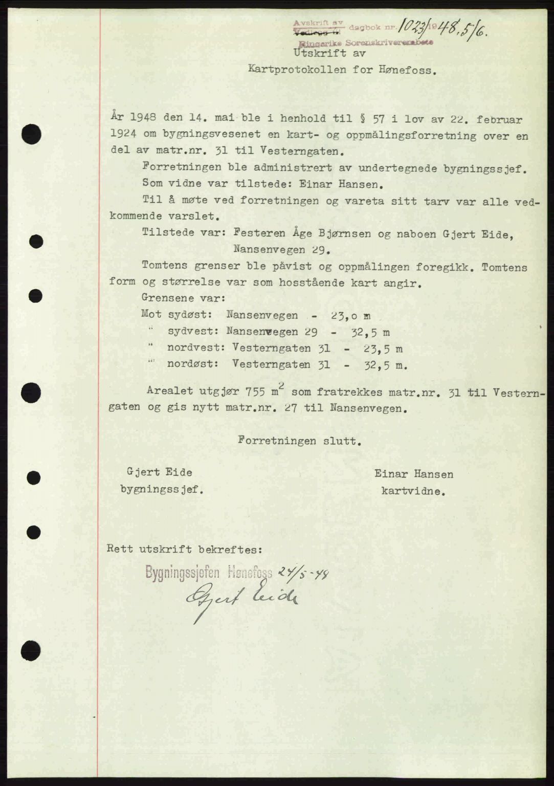 Ringerike sorenskriveri, SAKO/A-105/G/Ga/Gab/L0088: Pantebok nr. A-19, 1948-1948, Dagboknr: 1023/1948