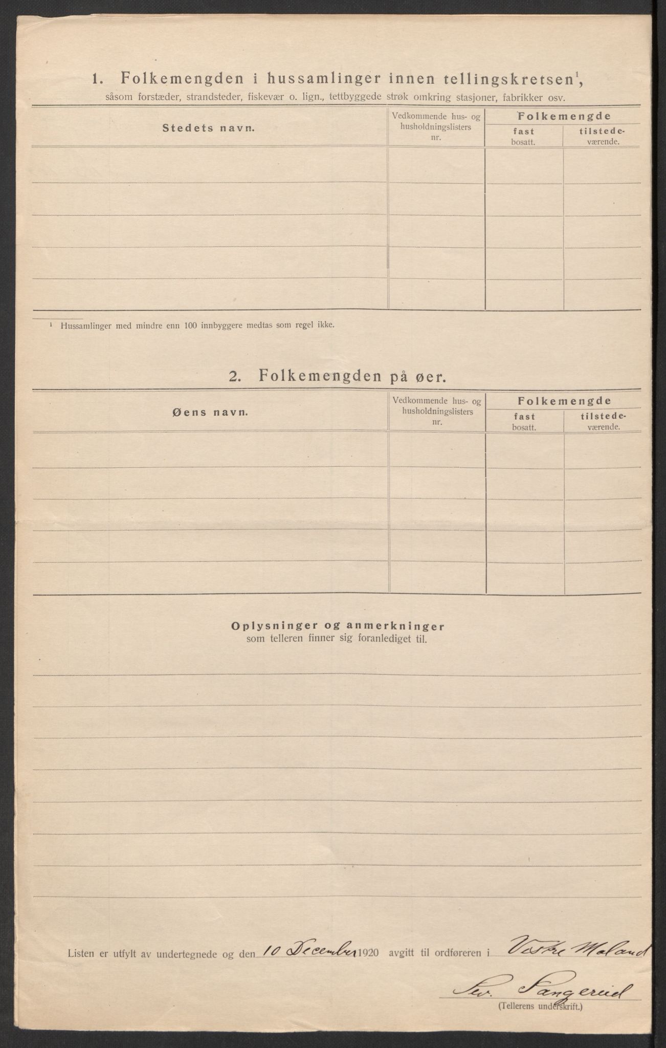 SAK, Folketelling 1920 for 0926 Vestre Moland herred, 1920, s. 20