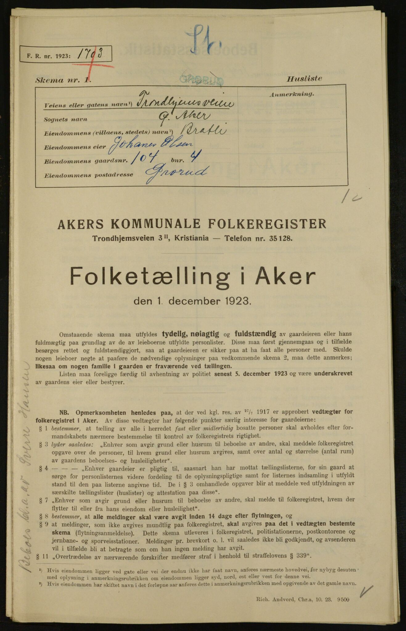 , Kommunal folketelling 1.12.1923 for Aker, 1923, s. 33318