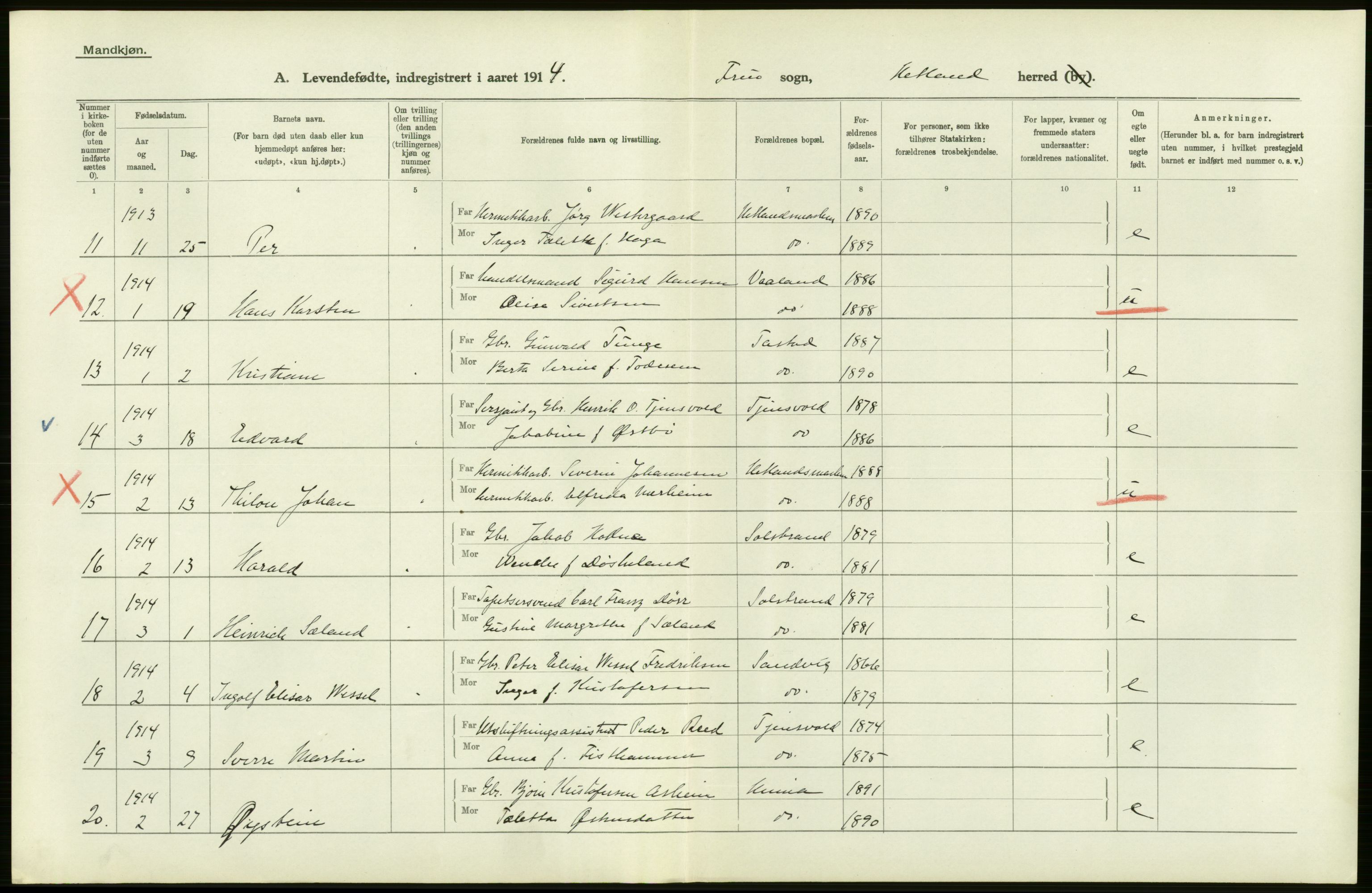 Statistisk sentralbyrå, Sosiodemografiske emner, Befolkning, AV/RA-S-2228/D/Df/Dfb/Dfbd/L0024: Stavanger amt: Levendefødte menn og kvinner. Bygder., 1914, s. 40