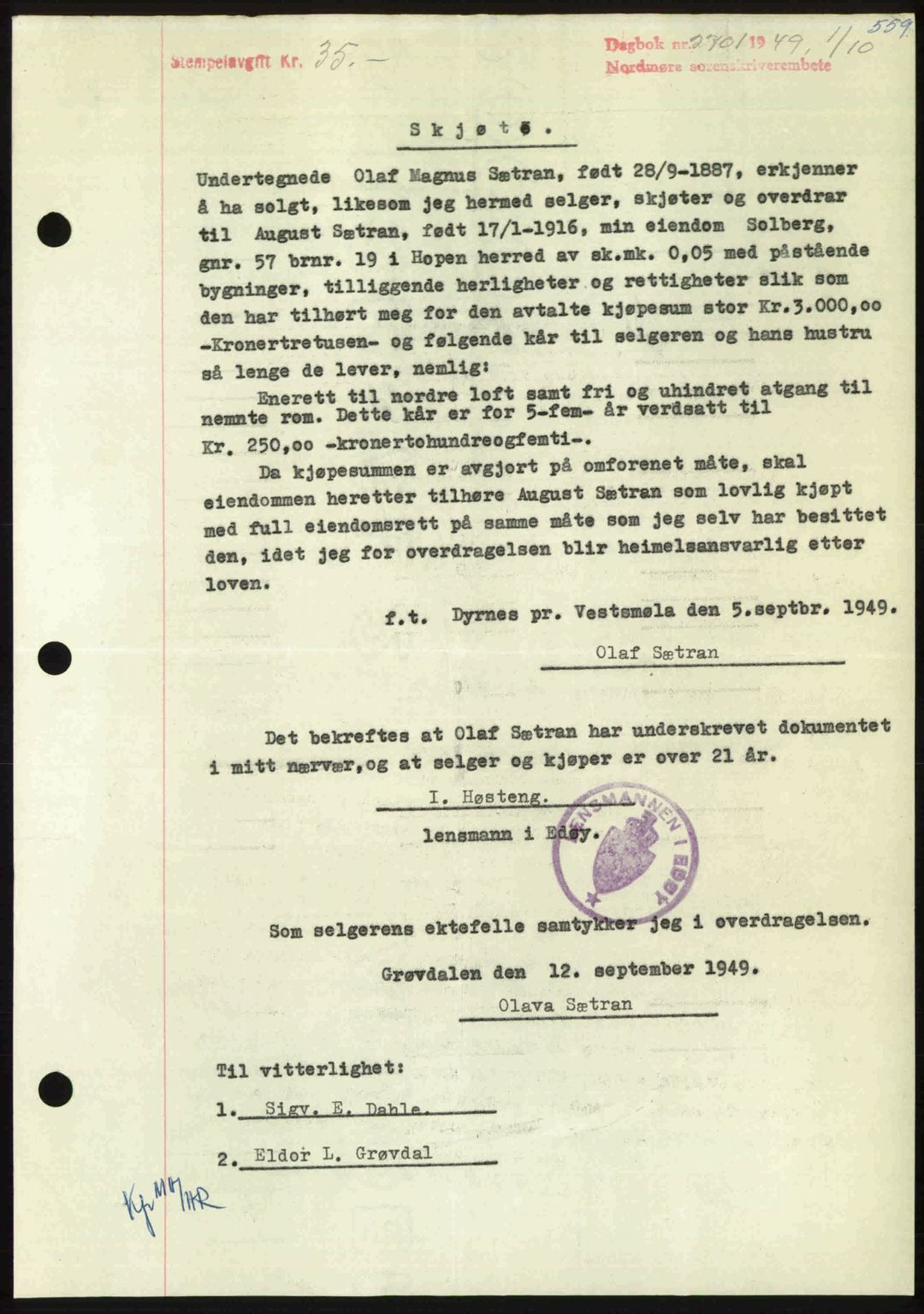 Nordmøre sorenskriveri, SAT/A-4132/1/2/2Ca: Pantebok nr. A112, 1949-1949, Dagboknr: 2701/1949