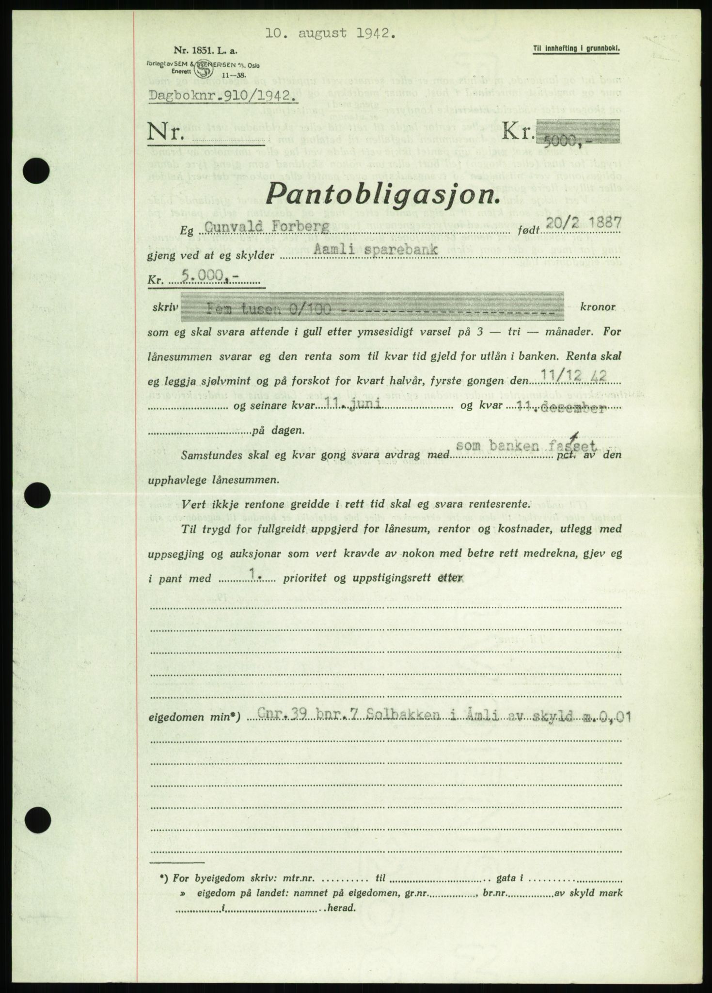 Nedenes sorenskriveri, AV/SAK-1221-0006/G/Gb/Gbb/L0002: Pantebok nr. II, 1942-1945, Dagboknr: 910/1942